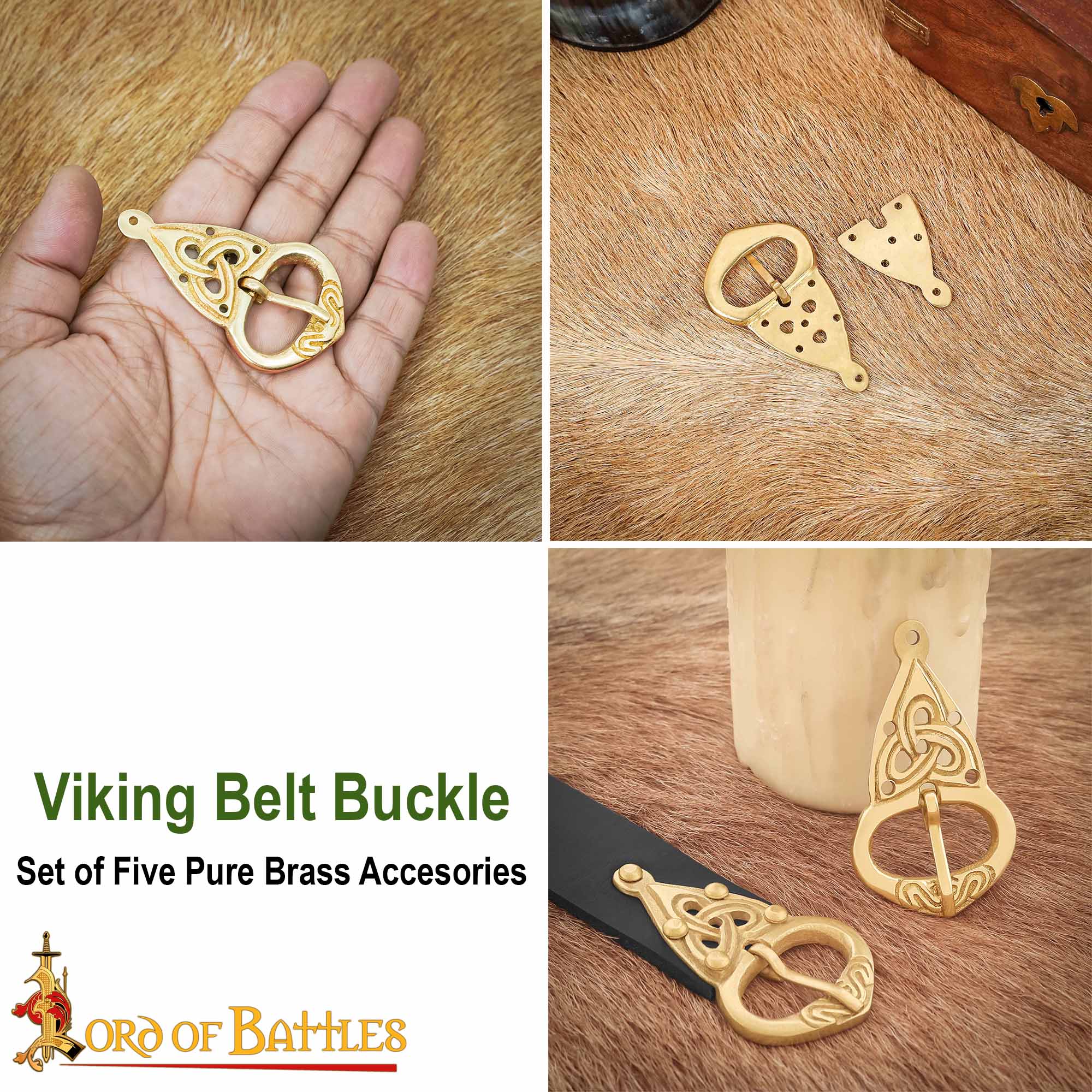 Hebilla de Cinturón Vikinga con Placa Posterior Nudos Celtas Latón Puro - Imagen 4