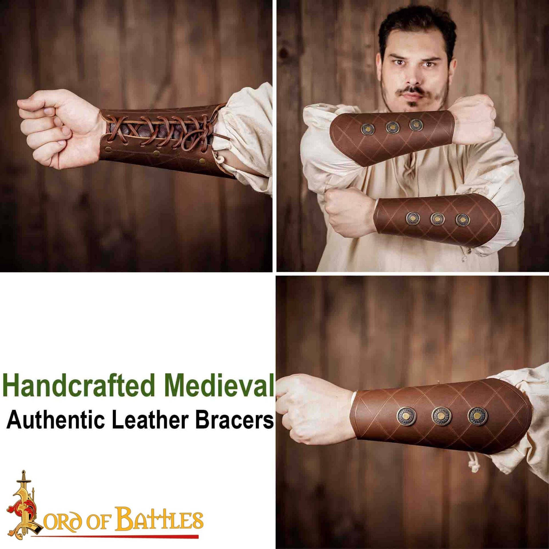 Brazales Medievales de Cuero Auténtico Hechos a Mano, Marrón - Imagen 4
