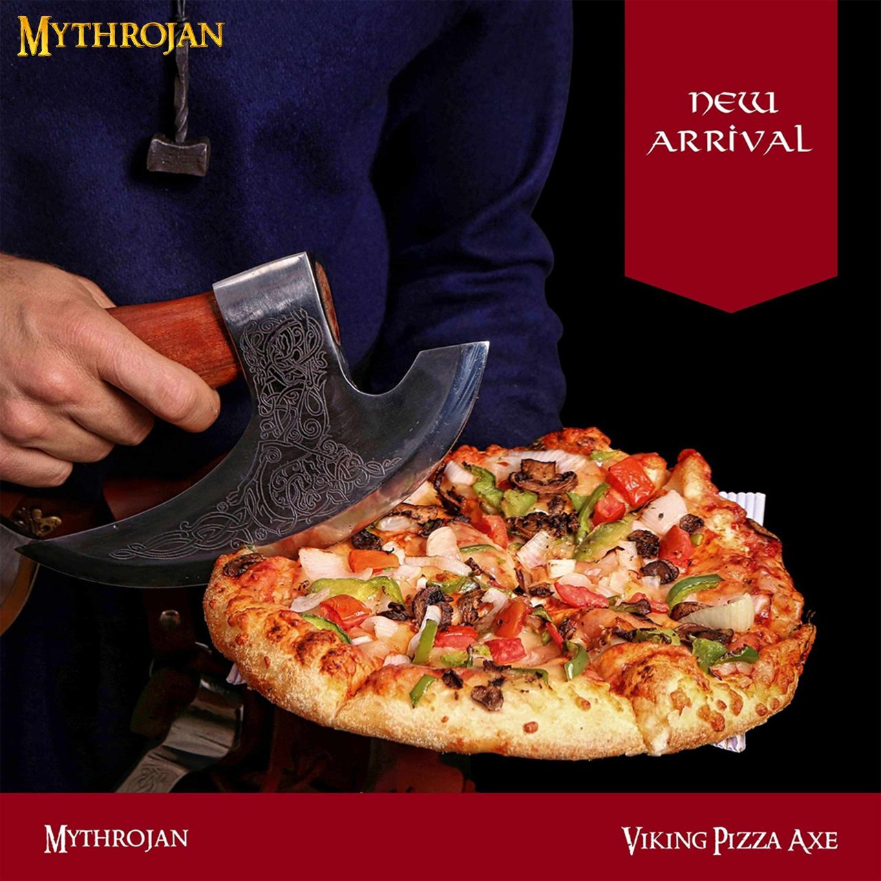 Mythrojan Hacha Vikinga para Pizza - Cortador de Pizza de Acero Inoxidable Forjado a Mano con Mango de Acacia Maciza y Funda de Cuero - Grabado Celta - Caja de Regalo - Imagen 18