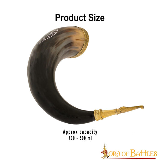 Cuerno Vikingo para Beber con Runa de Algiz - Cuerno de Buey Natural Pulido con Borde y Punta de Latón - Imagen 10