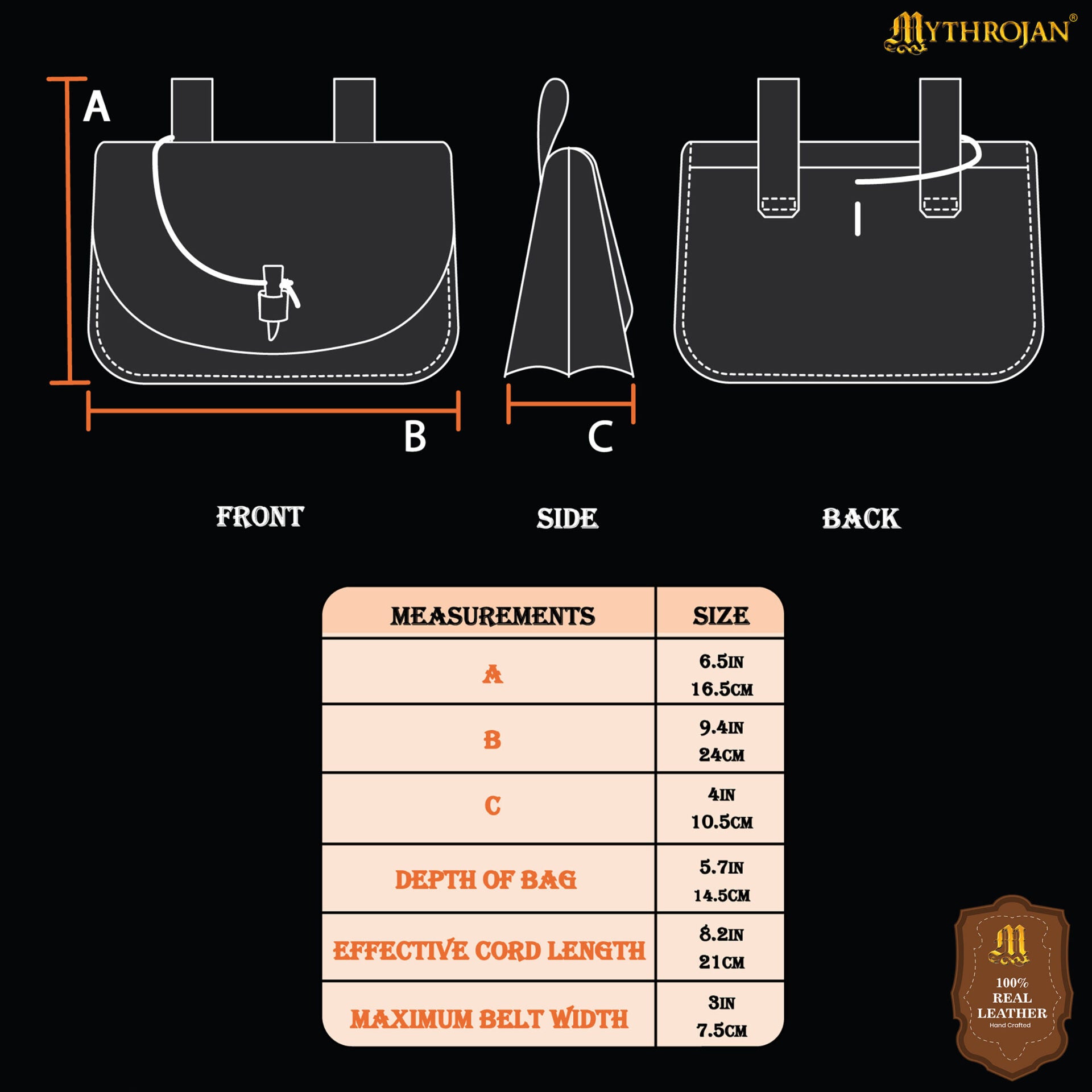 Mythrojan Extra Grande Marrón Medieval Cinturón de Cuero Bolsa Renaisance Accesorio Larp Bolsa - Negro - Imagen 3