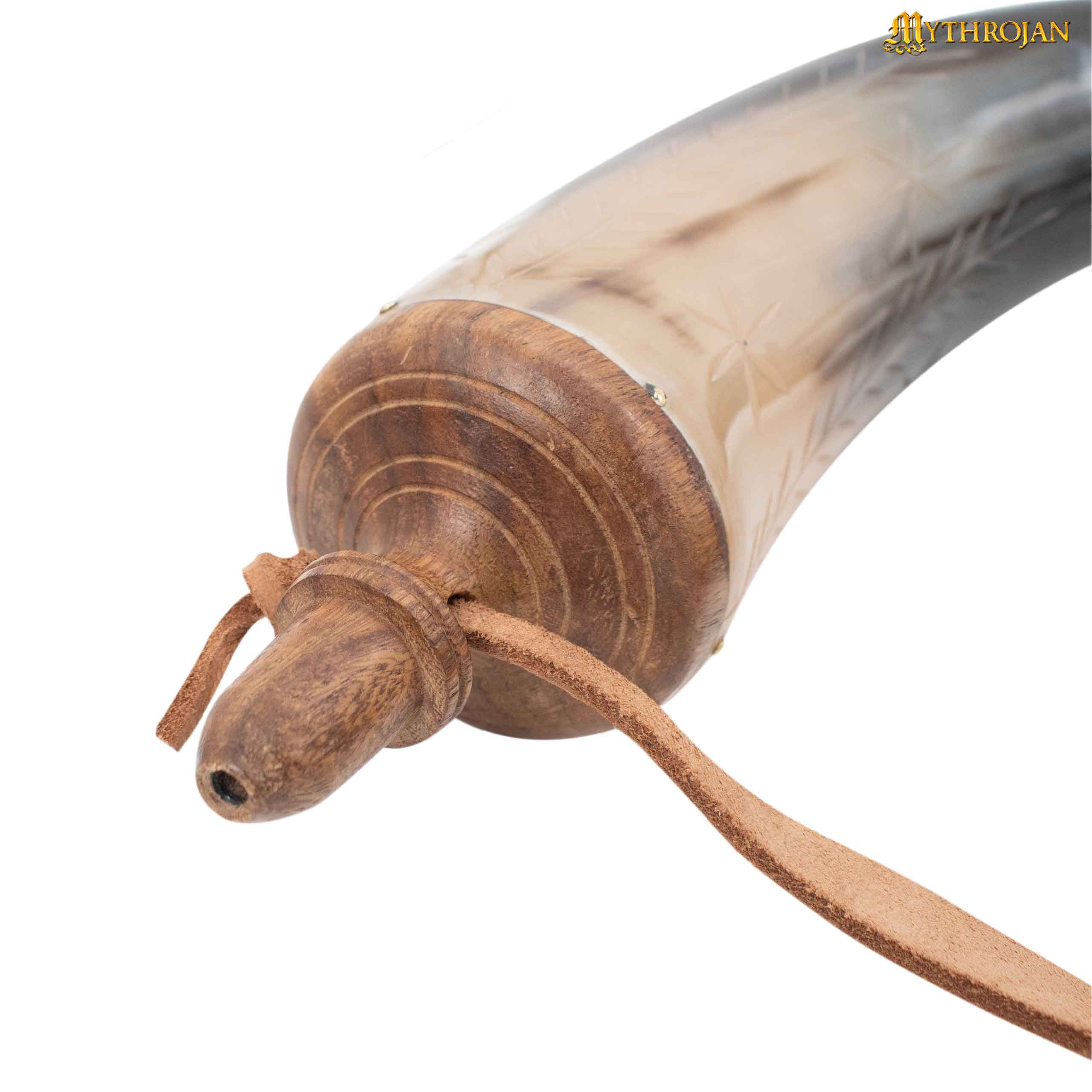 Mythrojan Pólvora Tallada a Mano 14" Cuerno con Correa de Cuero Natural - Imagen 3