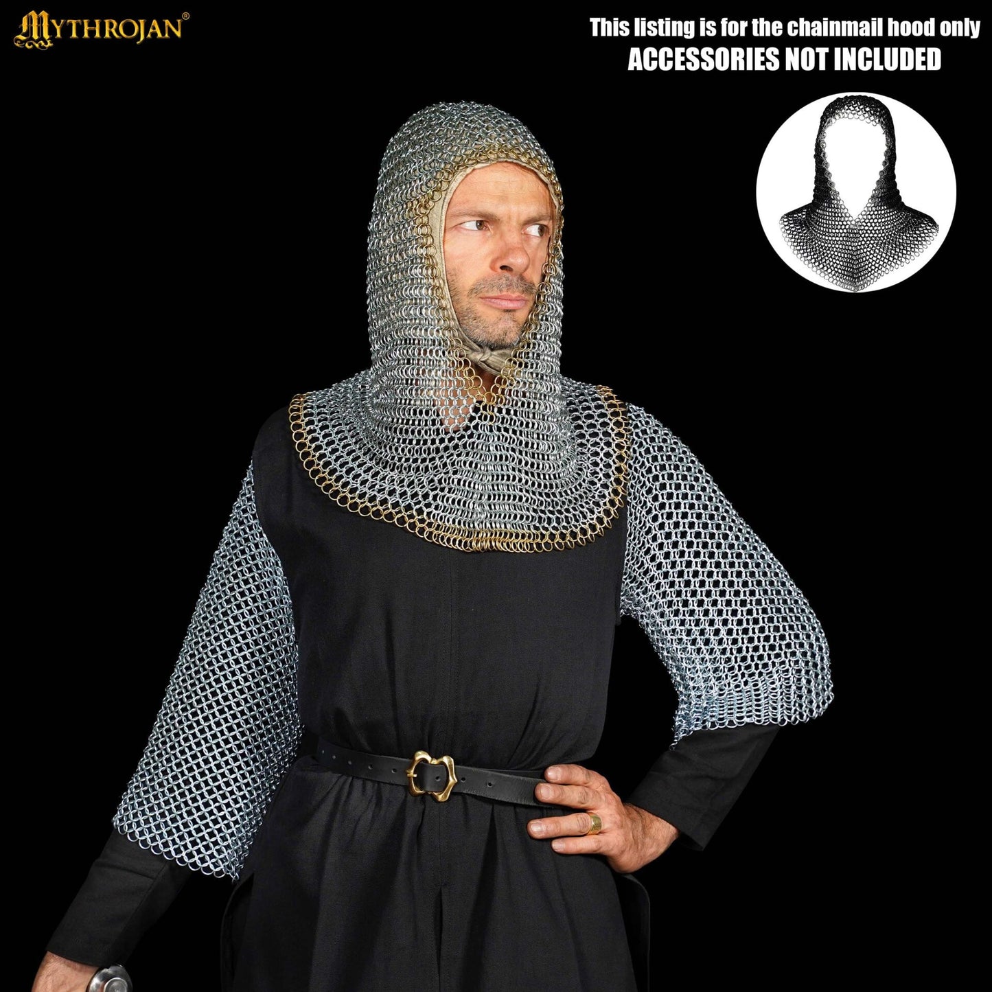 Cofia Medieval de Cota de Malla - Acero Dulce con Remates de Latón Macizo | Capucha Cincada para Sca, Larp - Imagen 9