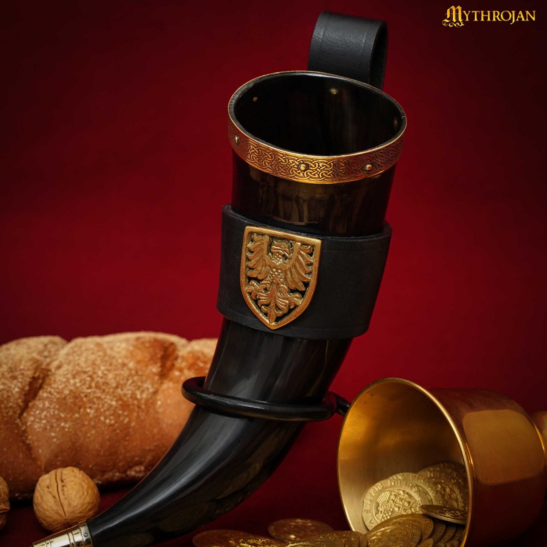 Mythrojan The Tournament Champion - 350 Ml Viking Drinking Horn con Soporte de Cuero Negro - Imagen 3