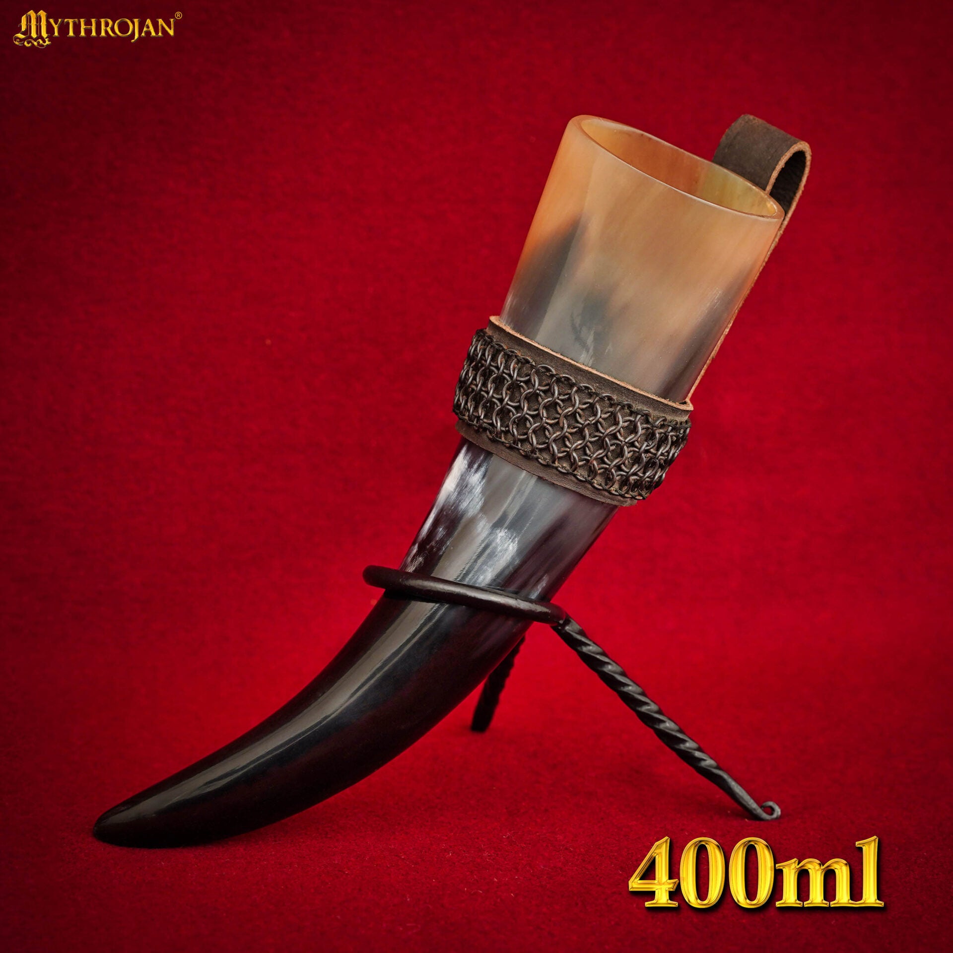 Mythrojan The Witcher Companion Vikingo Cuerno para Beber con Soporte de Cuero Marrón Auténtica Taza de Vino/madera Vikinga de Inspiración Medieval - Acabado Pulido 400 Ml - Imagen 3