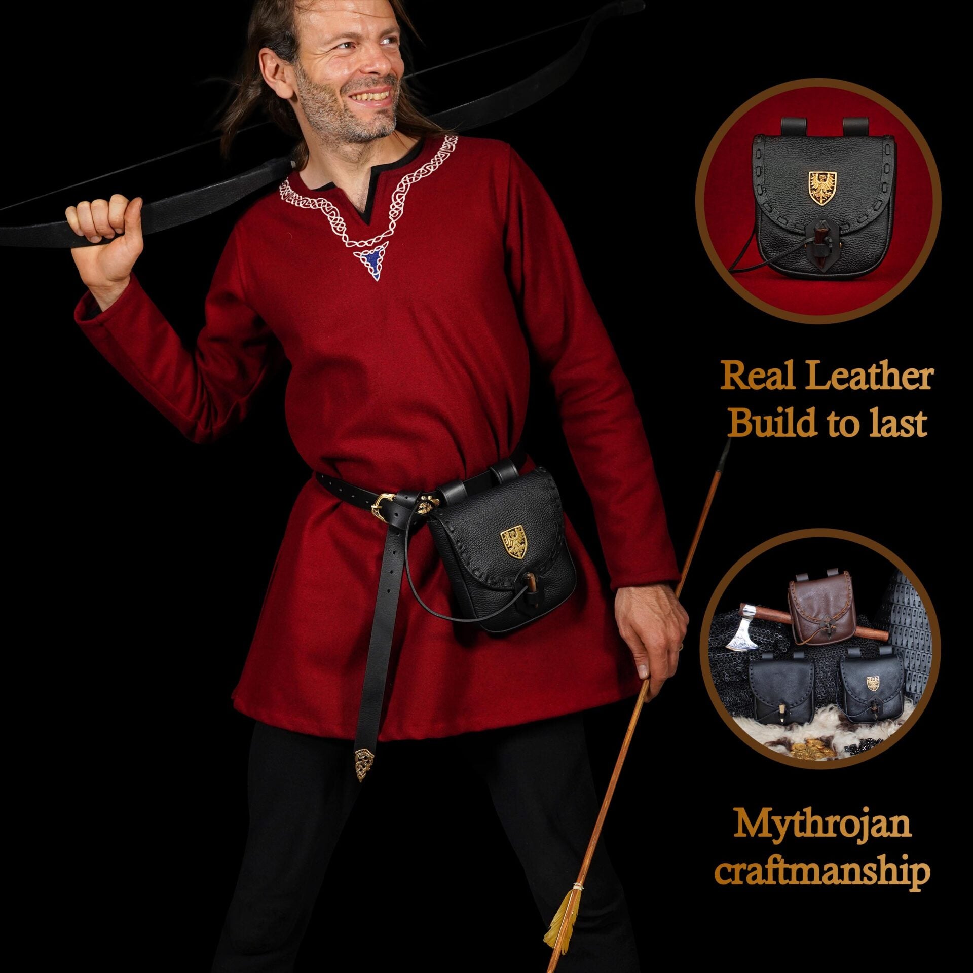 Riñonera Medieval de Cuero Hecha a Mano con Pasador de Cuerno de Buey y Decoración Heráldica de Latón - Funda de Cuero Auténtico - Imagen 10