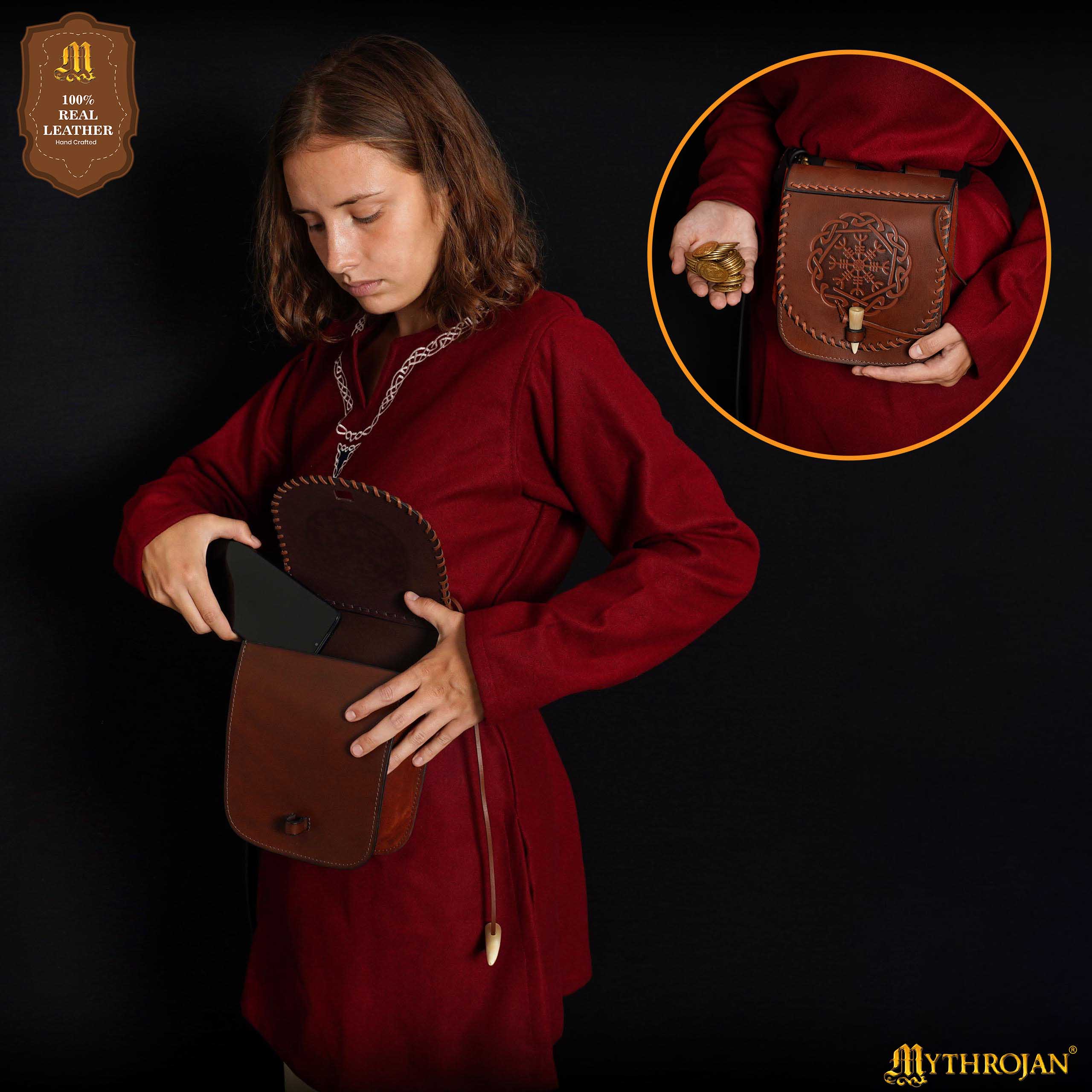 Riñonera de Cuero del Guerrero del Norte con Repujado del Yelmo del Pavor y Cierre Basculante de Hueso, Funda Larp Vikinga - Imagen 13