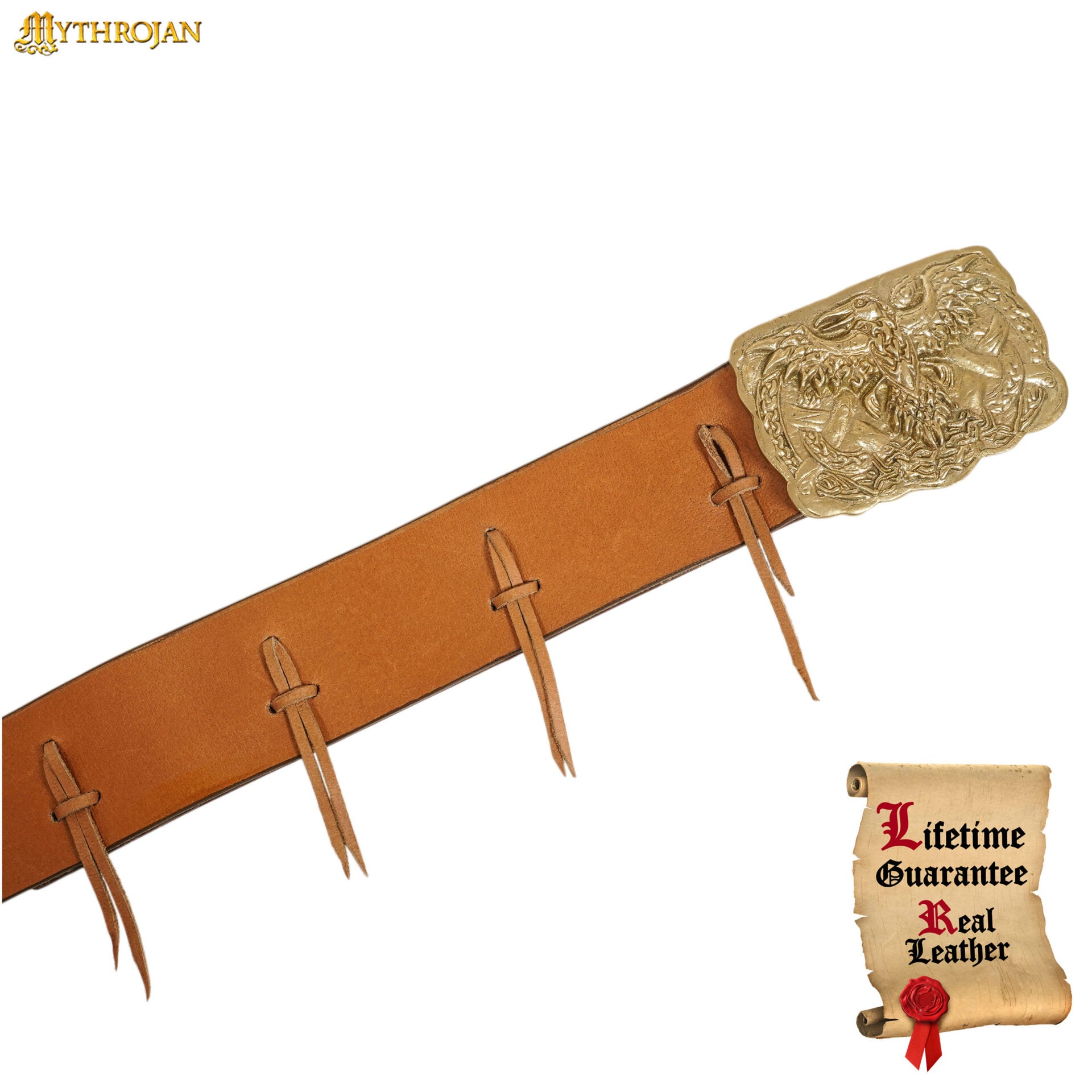 Cinturón Vikingo Urbano Mythrojan con Hebilla de Latón Macizo y Cuero Auténtico con Cuervo de Odín - Imagen 3