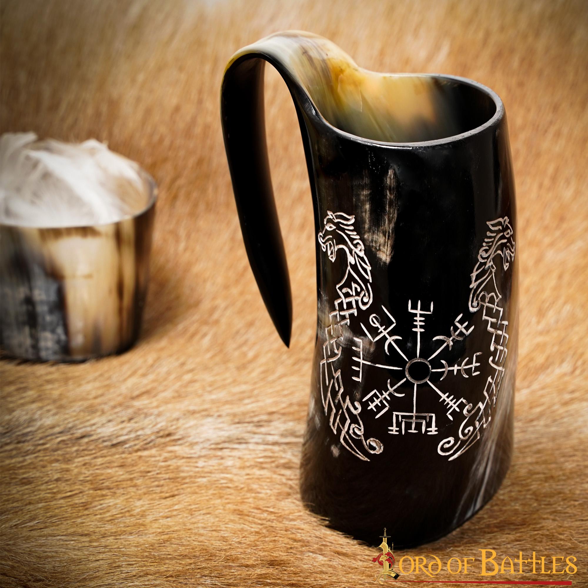 Taza de Cuerno Vikingo con Vegvisir y Grabado de Caballo Gemelo Taza de Cuerno de Buey Natural Pulido, Jarra para Hidromiel y Cerveza - Imagen 14