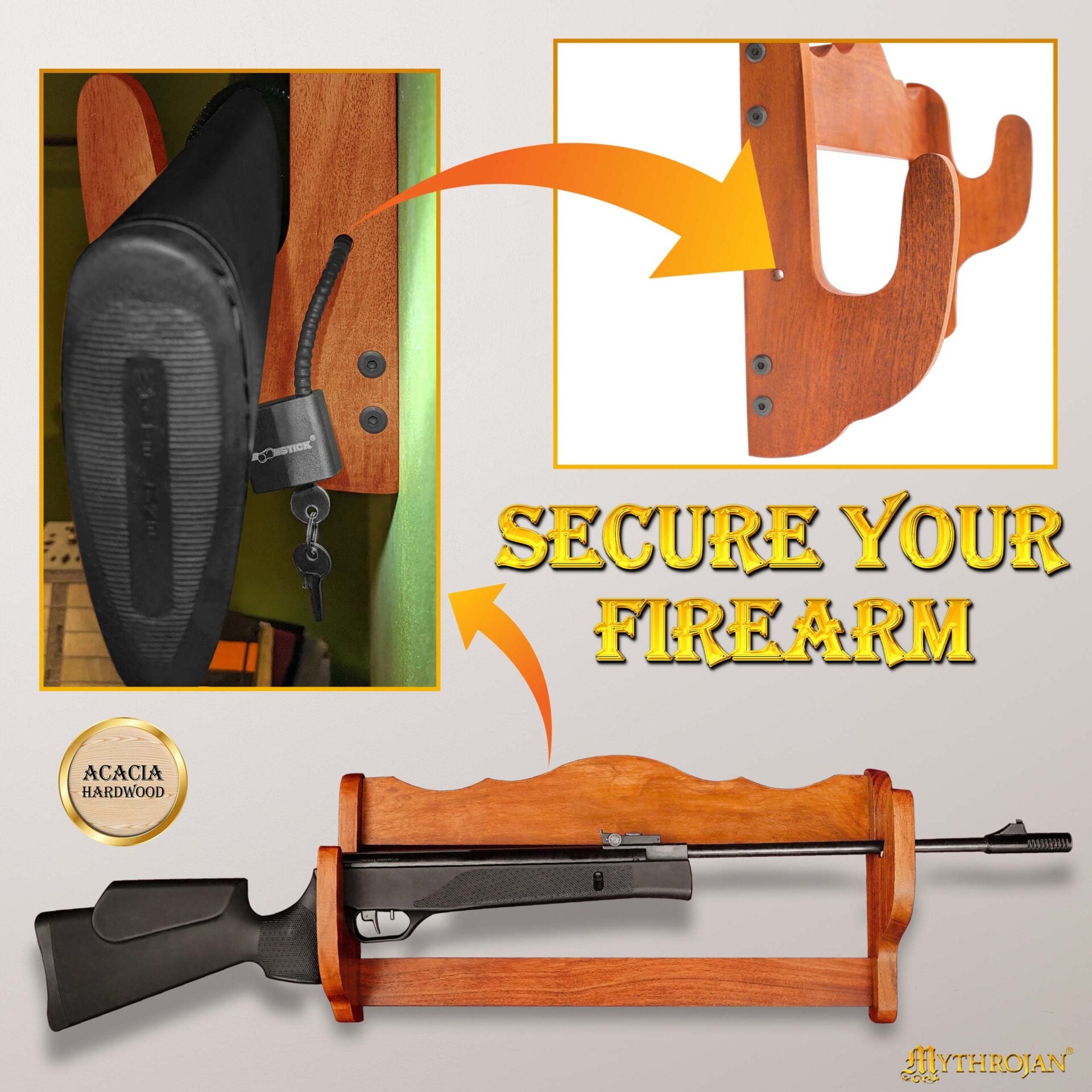 Mythrojan Sólida Madera Dura Pistola Rifle Display Wall Mount Stand 24 "x5.1 "x11.2" - Imagen 4