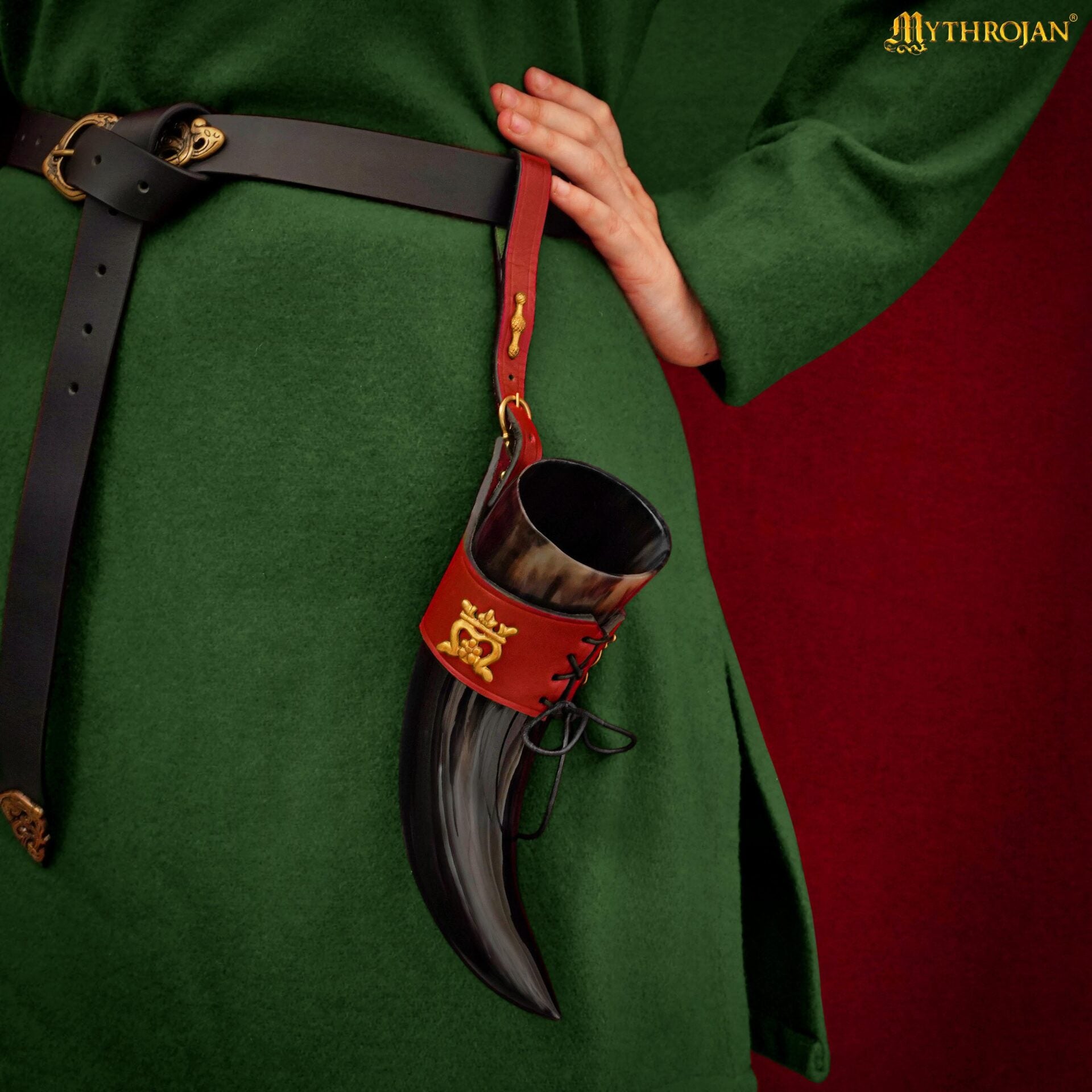 Mythrojan The Elegant Lady 250 Ml Cuerno Vikingo para Beber con Soporte de Cuero Rojo - Imagen 4