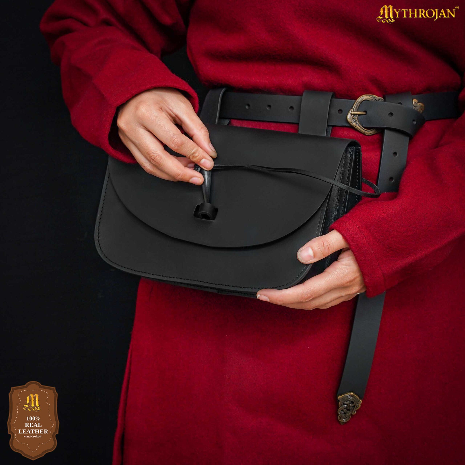 Mythrojan Extra Grande Marrón Medieval Cinturón de Cuero Bolsa Renaisance Accesorio Larp Bolsa - Negro - Imagen 4