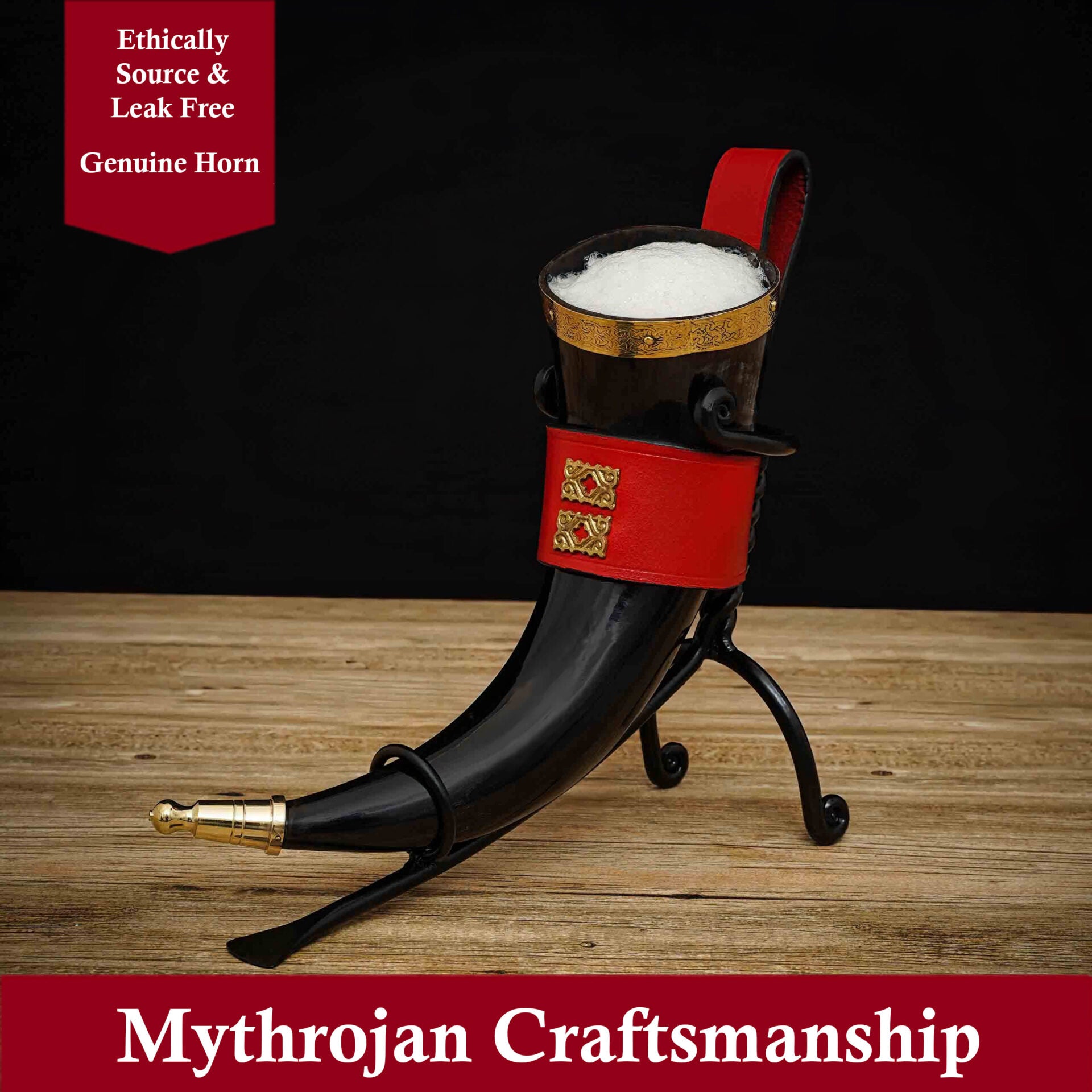 Mythrojan The Wealthy Merchant - Viking Drinking Horn With Red Leather Holder Authentic Medieval Inspired Viking Wine/mead Mug - Polished Finish - 350 Ml - Imagen 4