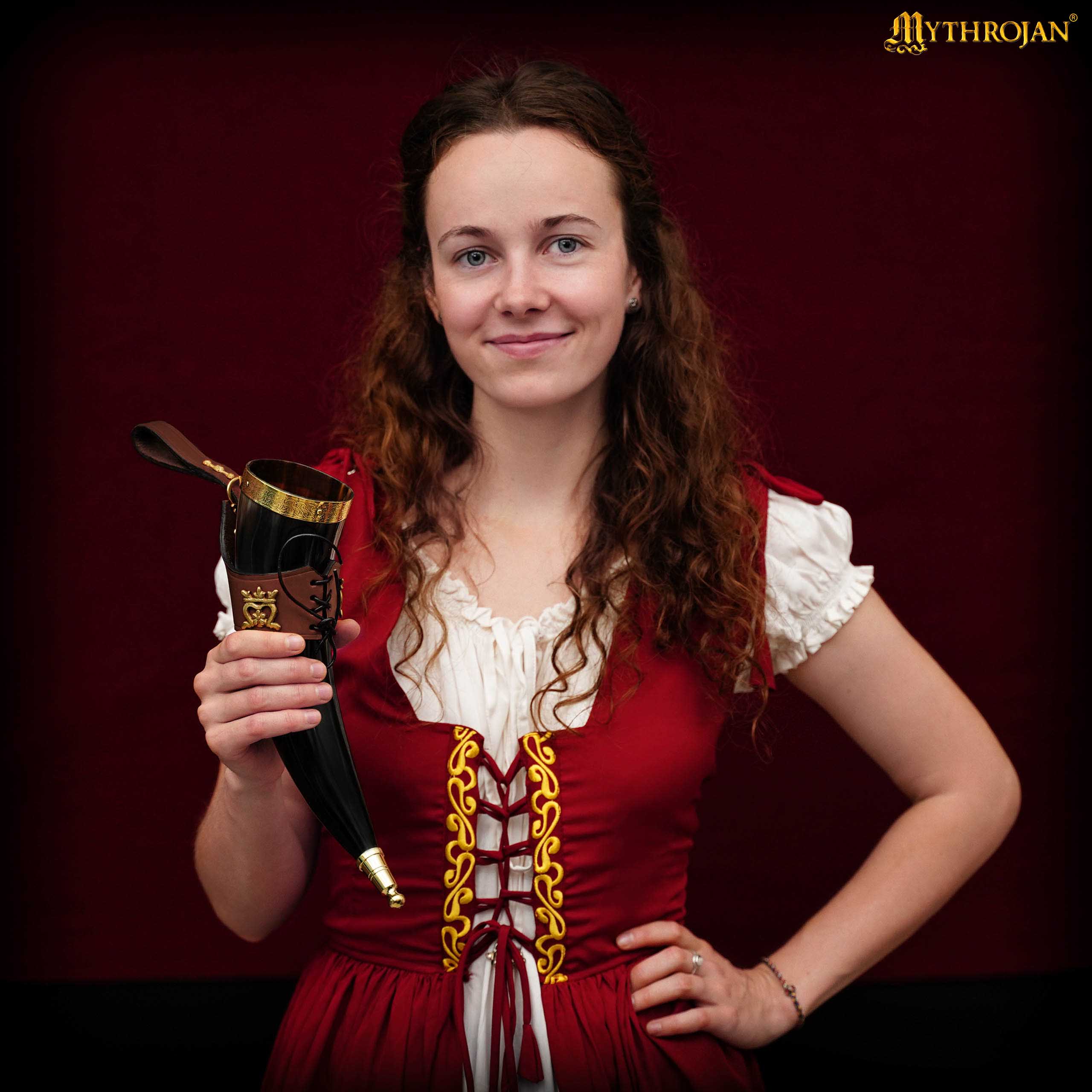Mythrojan The Elegant Lady 350 Ml Cuerno Vikingo para Beber con Soporte de Cuero Marrón - Imagen 4