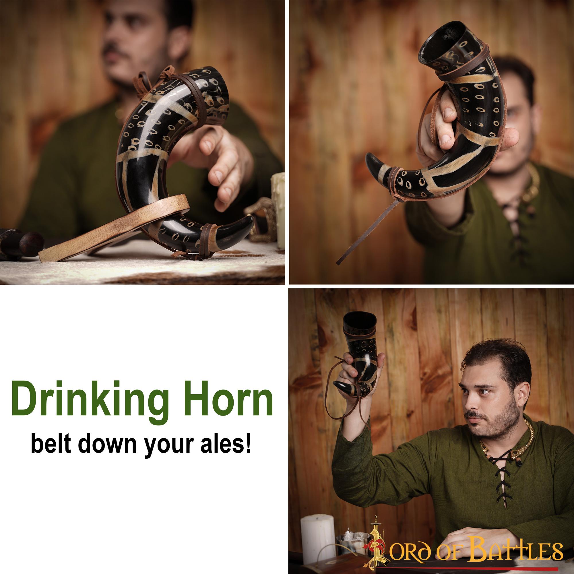 Cuerno Medieval para Beber 400 - 500 Ml con Cuerda de Cuero Hecho a Mano Verdadero Cuerno de Buey - Imagen 4