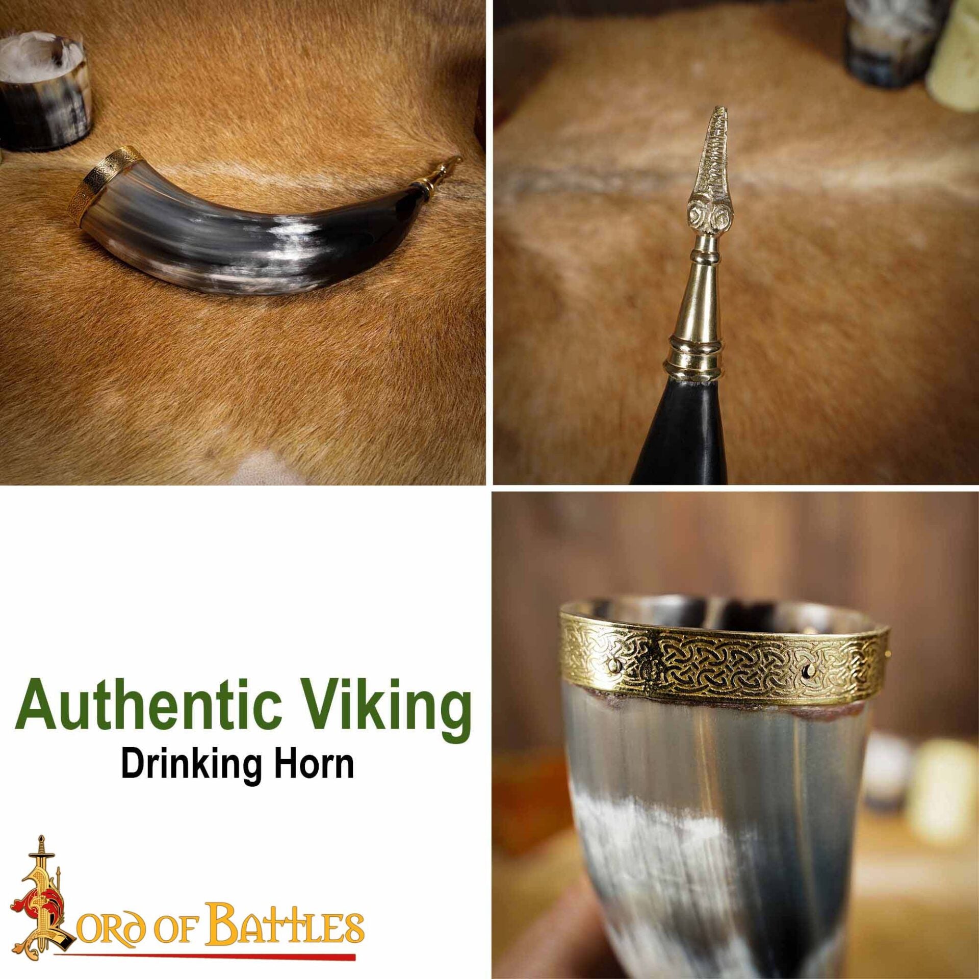 Cuerno para Beber Vikingo Medieval de 300 - 400 Ml con Accesorios de Latón Hecho a Mano con Auténtico Cuerno de Buey - Imagen 4