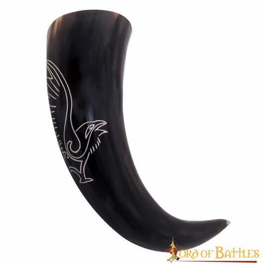 Cuerno de Buey Medieval Grabado Cuervo Vikingo para Beber 400-500 Ml - Imagen 2