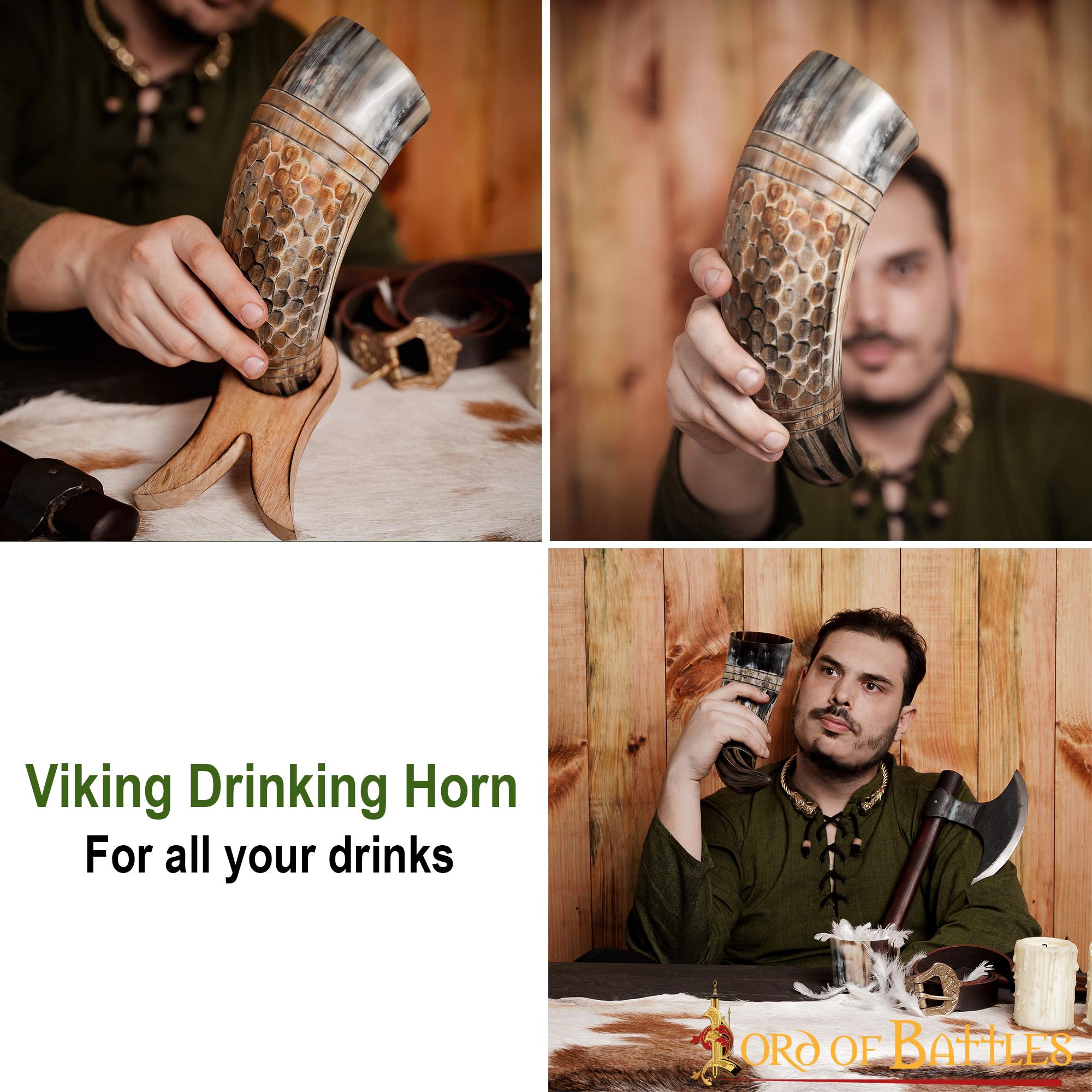 Cuerno para Beber Vikingo con Grabado en Forma de Panal, Cuerno de Buey Natural Hecho a Mano (500-600 Ml) - Imagen 12