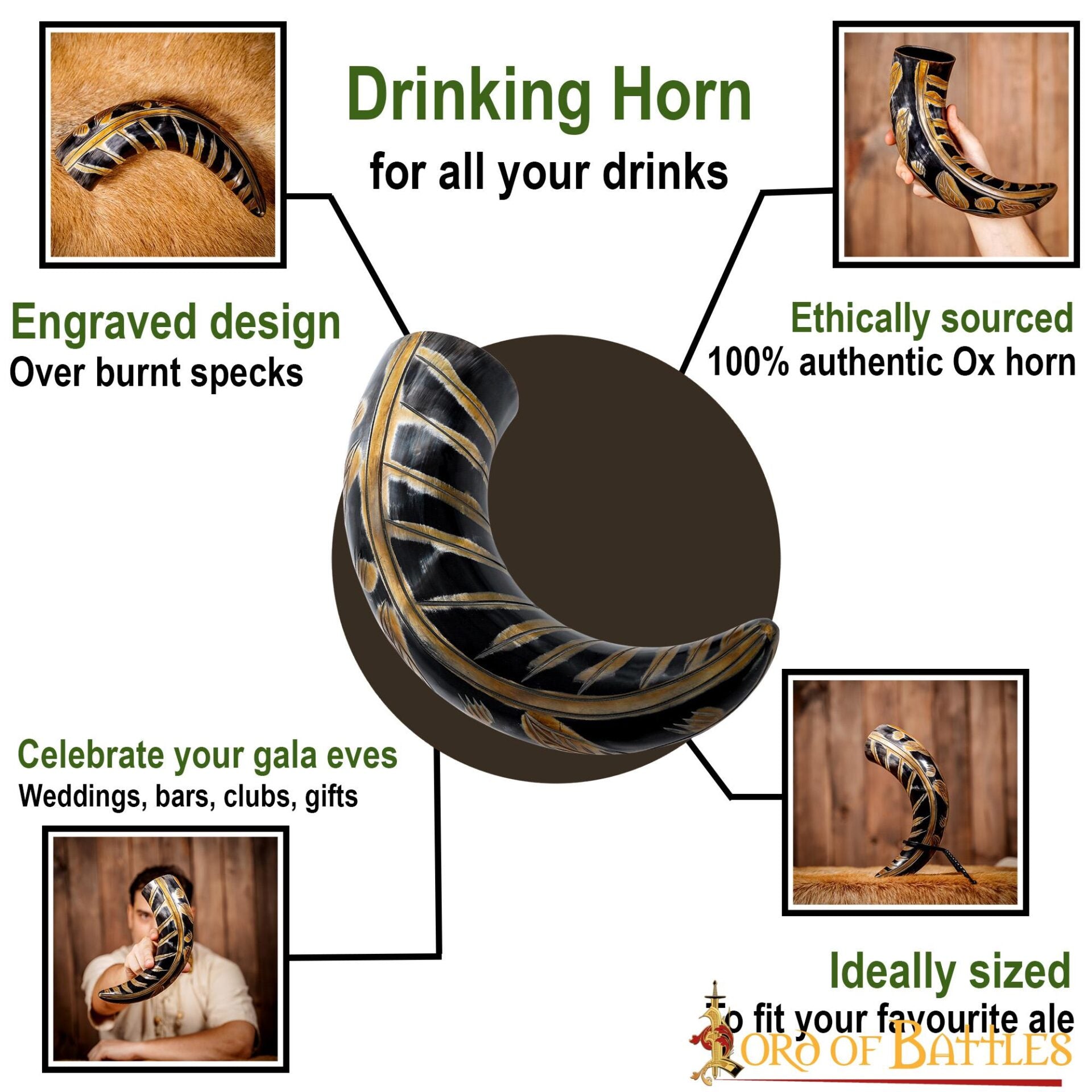 Cuerno para Beber Vikingo Medieval 400 - 500 Ml con Diseños Grabados Cuerno de Buey Auténtico Hecho a Mano - Imagen 4