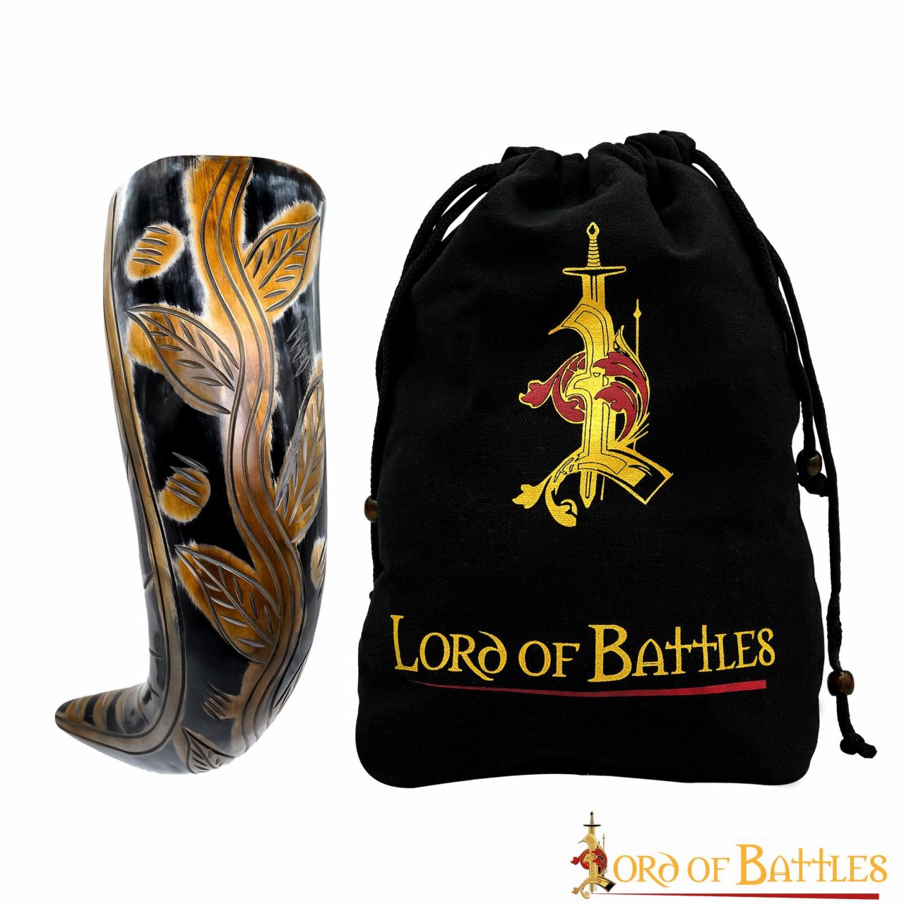 Cuerno para Beber Vikingo Medieval 400 - 500 Ml con Diseños Grabados Cuerno de Buey Auténtico Hecho a Mano - Imagen 1