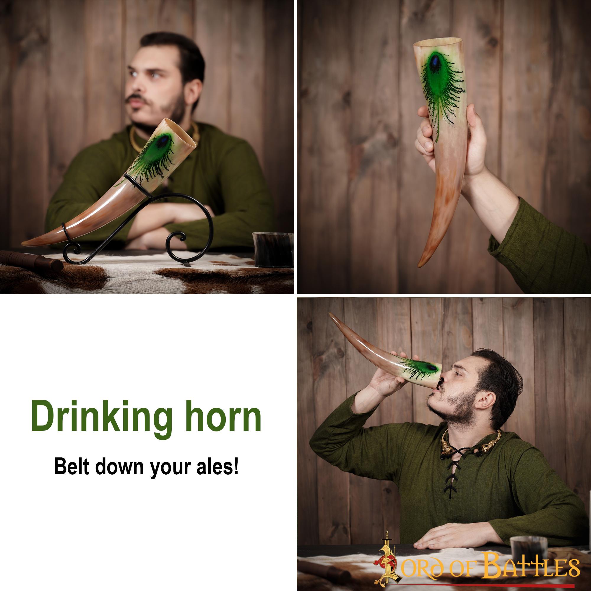 "la Pluma Mística" Cuerno para Beber 500 - 600 Ml Cuerno de Buey Auténtico Hecho a Mano - Descatalogado - Imagen 5