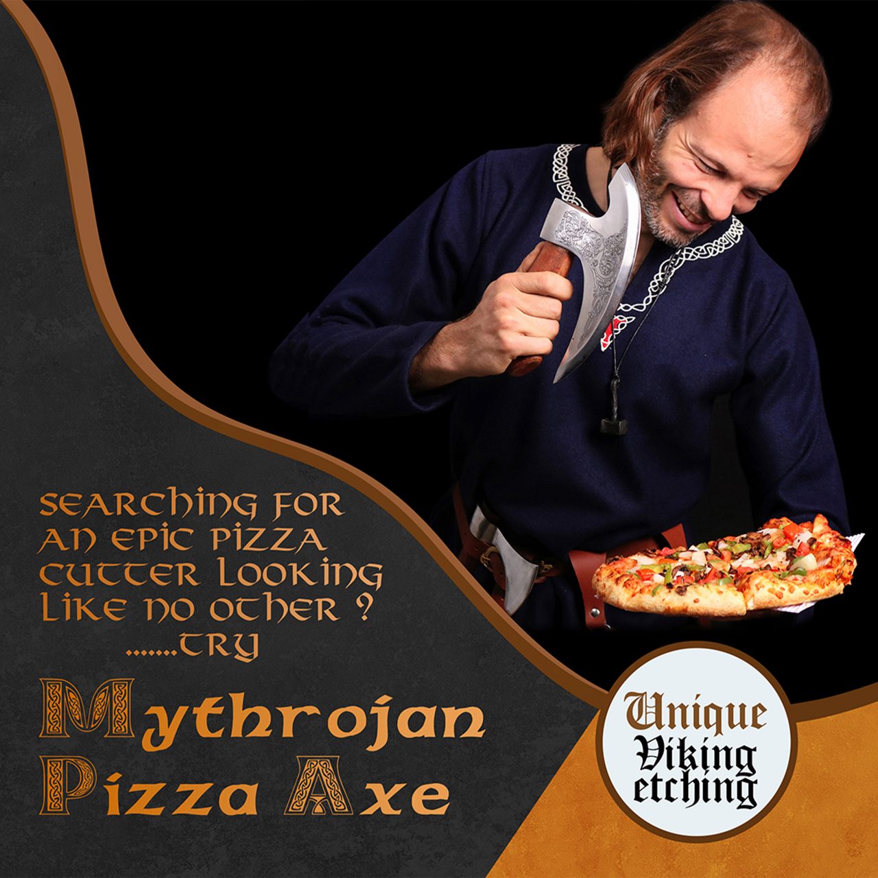 Mythrojan Hacha Vikinga para Pizza - Cortador de Pizza de Acero Inoxidable Forjado a Mano con Mango de Acacia Maciza y Funda de Cuero - Grabado Celta - Caja de Regalo - Imagen 8