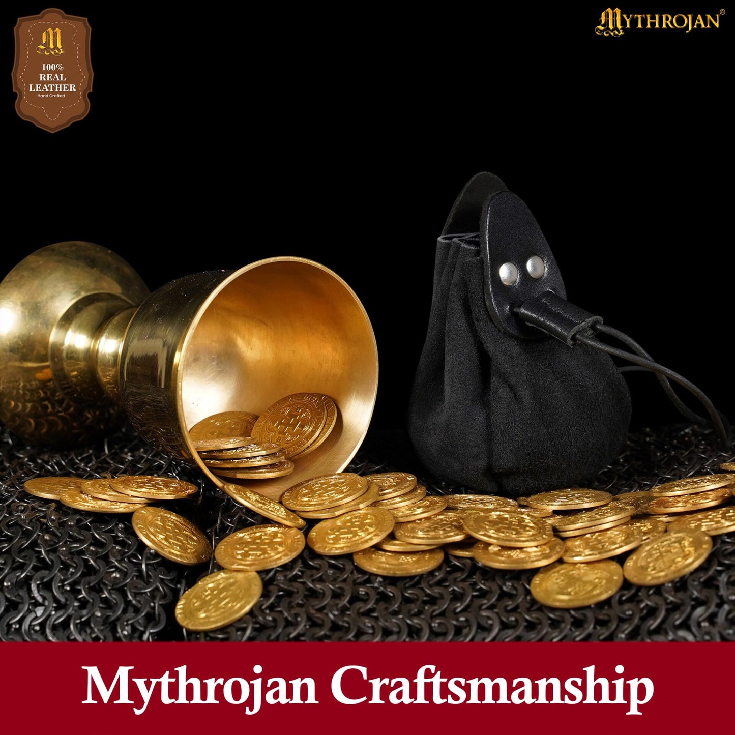 Mythrojan "gold And Dice" Drawstring Pouch, Ideal For Sca Larp Reenactment & Ren Fair - Suede Leather Pouch, Black, 4 - Imagen 9