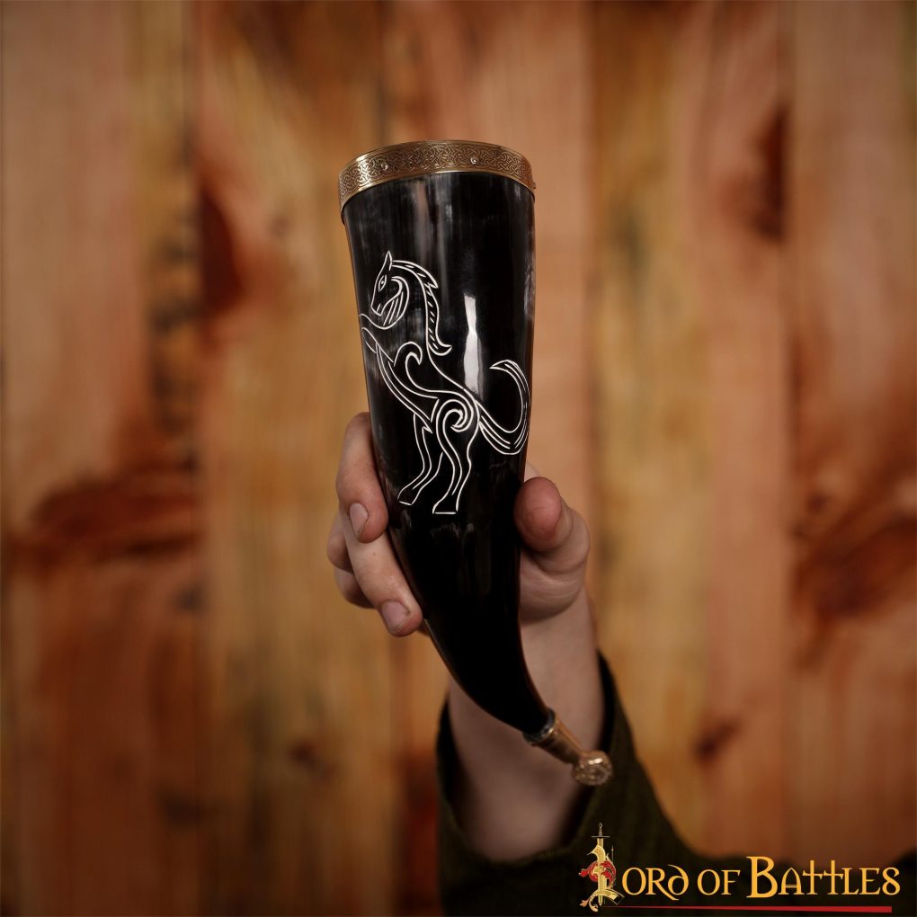 Cuerno Medieval para Beber 300-350 Ml con Accesorios de Latón Macizo Puro Cuerno de Buey Auténtico - Imagen 7