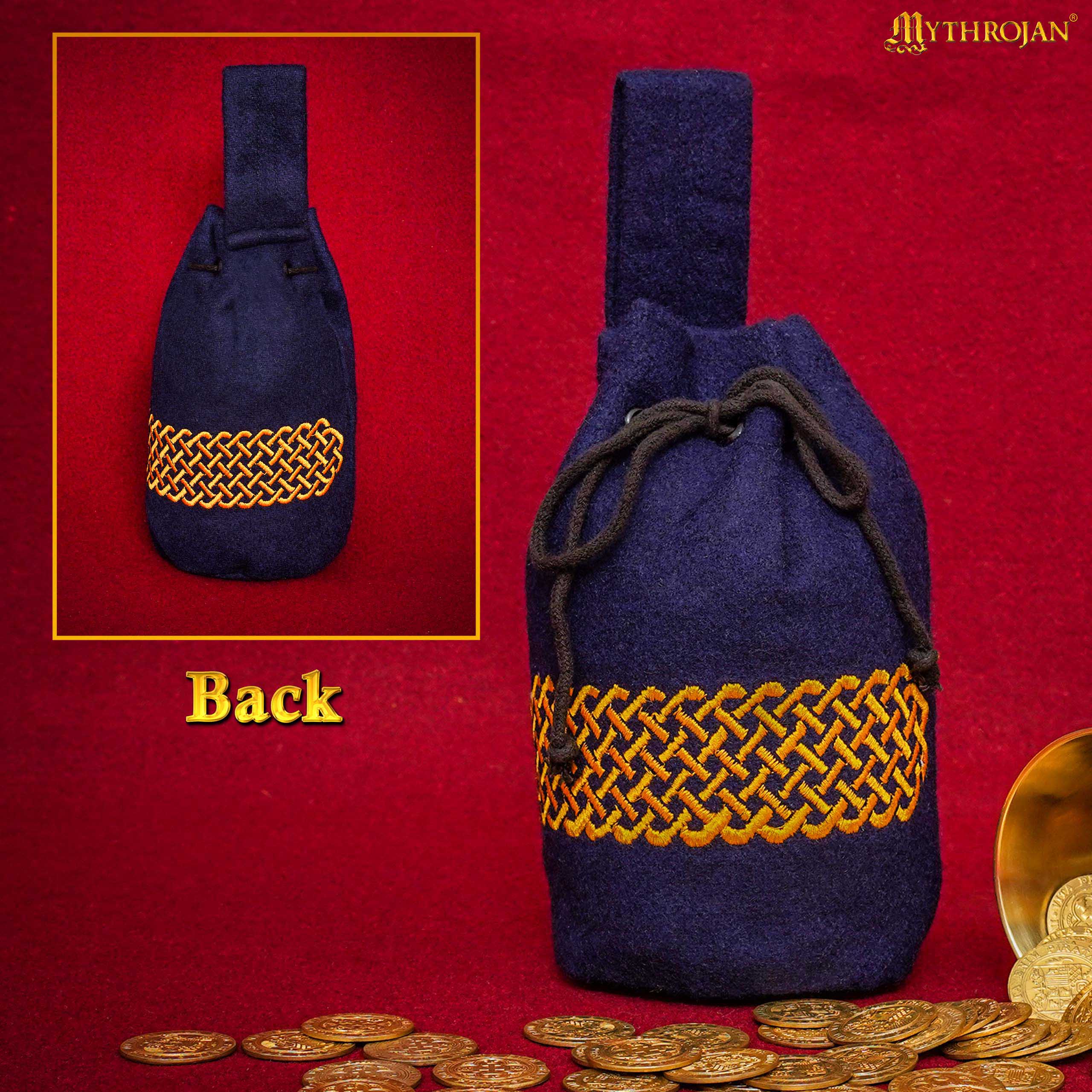 Mythrojan Bolsa de Lana Bordada con Cordón para Cinturón: Medieval Vikingo Celta Bolsa Accesorios de Disfraces Monedero, 8" × 6.5 - Imagen 5