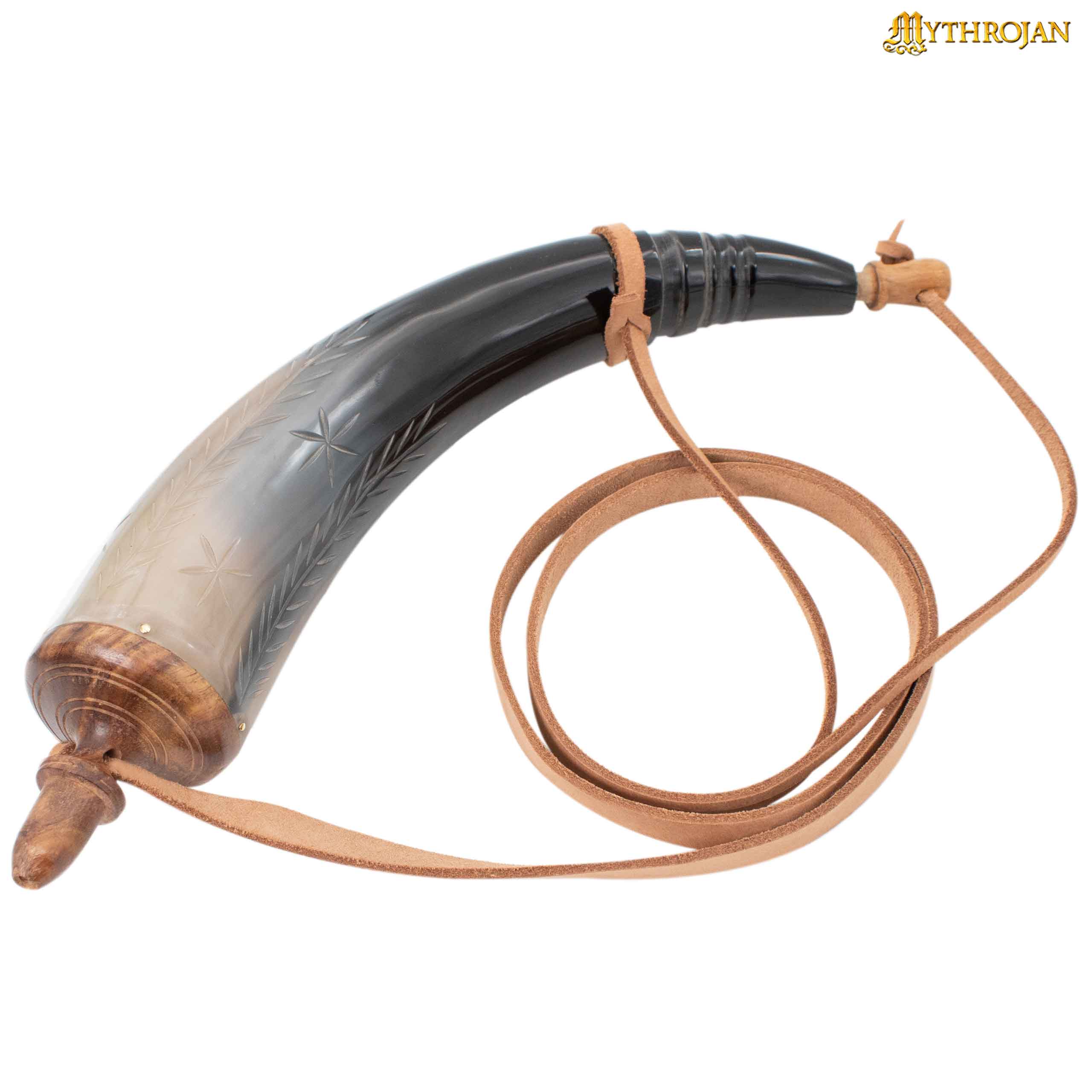 Mythrojan Pólvora Tallada a Mano 14" Cuerno con Correa de Cuero Natural - Imagen 5