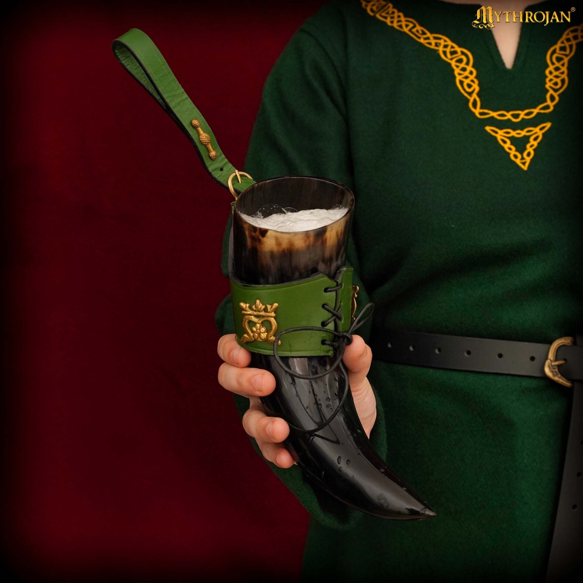Mythrojan The Elegant Lady 250 Ml Cuerno Vikingo para Beber con Funda de Cuero Verde - Imagen 5
