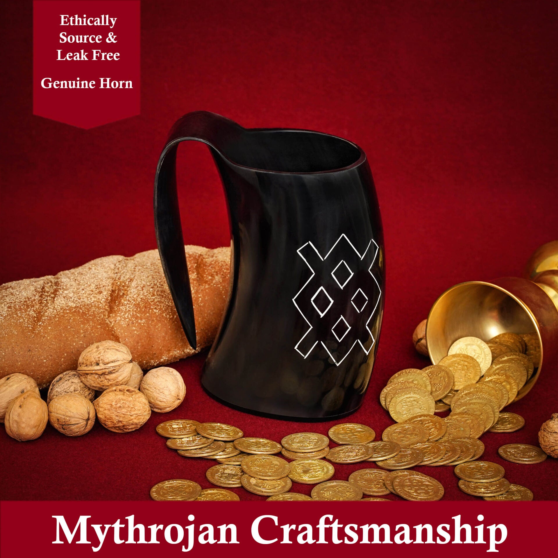 Vaso Mythrojan Vaso Vikingo con Asa y Hebilla Medieval Renacimiento con Correa de Cuero - Patern Único 800ml - Imagen 5