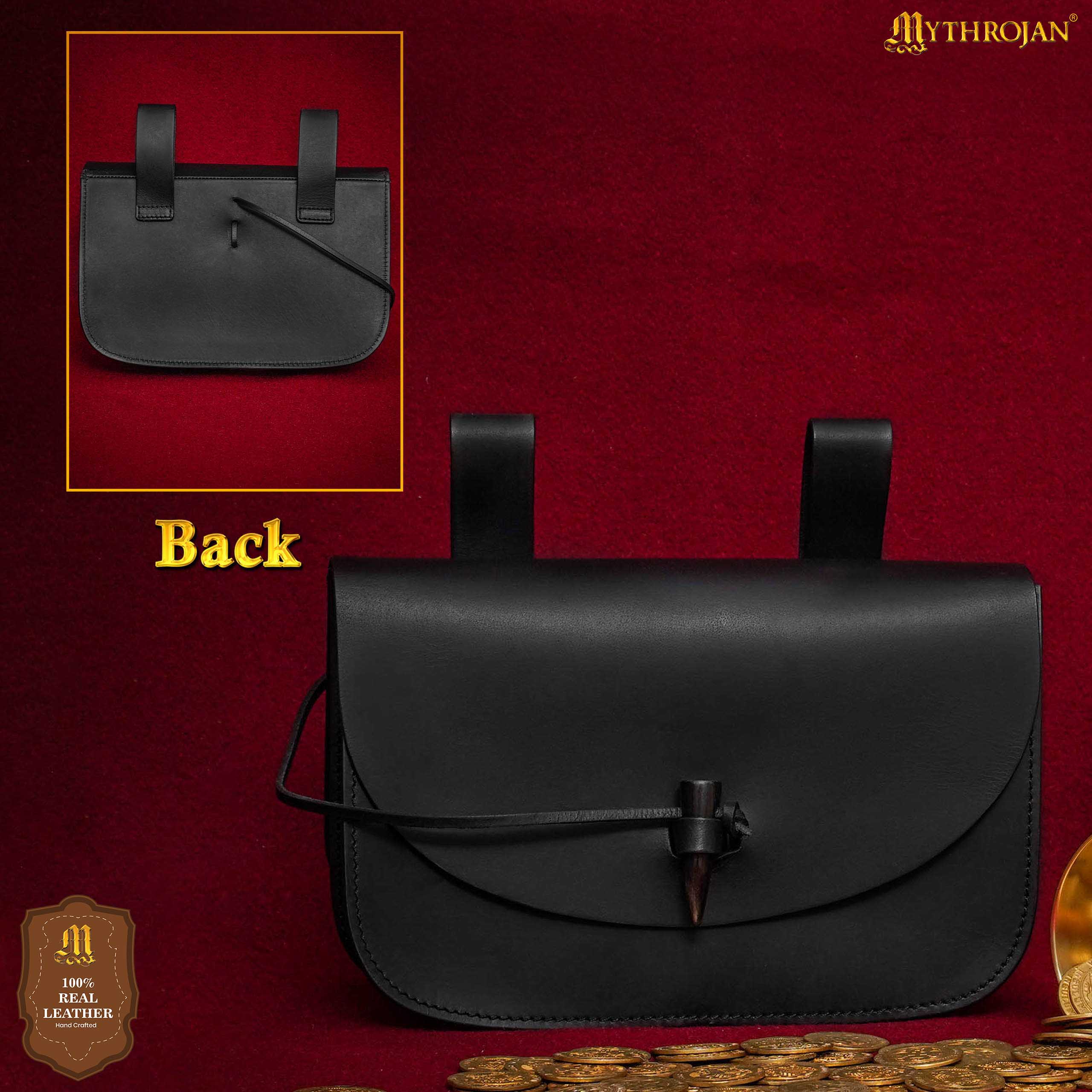 Mythrojan Extra Grande Marrón Medieval Cinturón de Cuero Bolsa Renaisance Accesorio Larp Bolsa - Negro - Imagen 5
