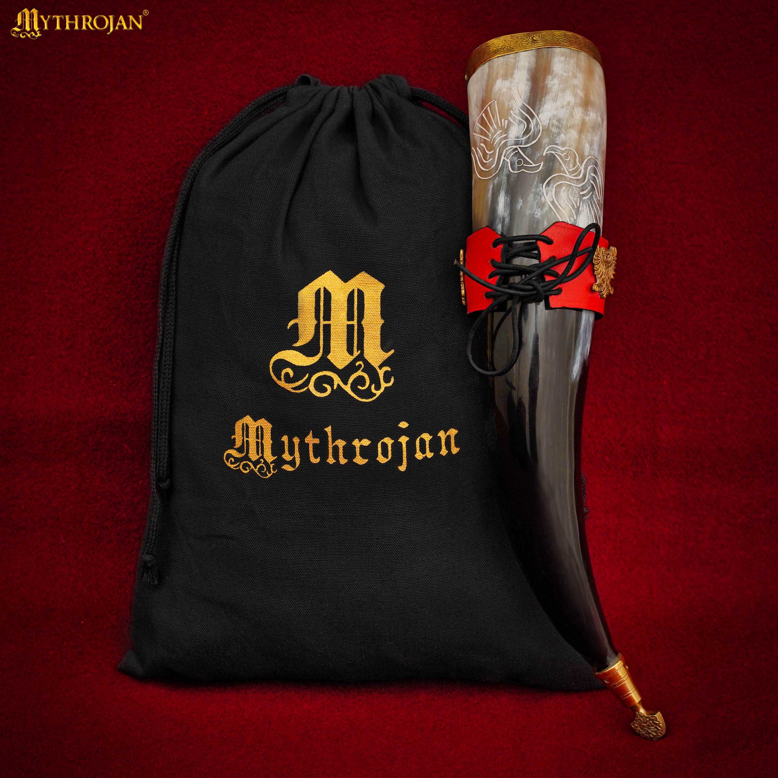 Mythrojan The Bird Of Prey Viking Drinking Horn 350 Ml con Soporte de Cuero Rojo Auténtica Jarra de Vino/cerveza Vikinga de Inspiración Medieval - Acabado Pulido - Imagen 5