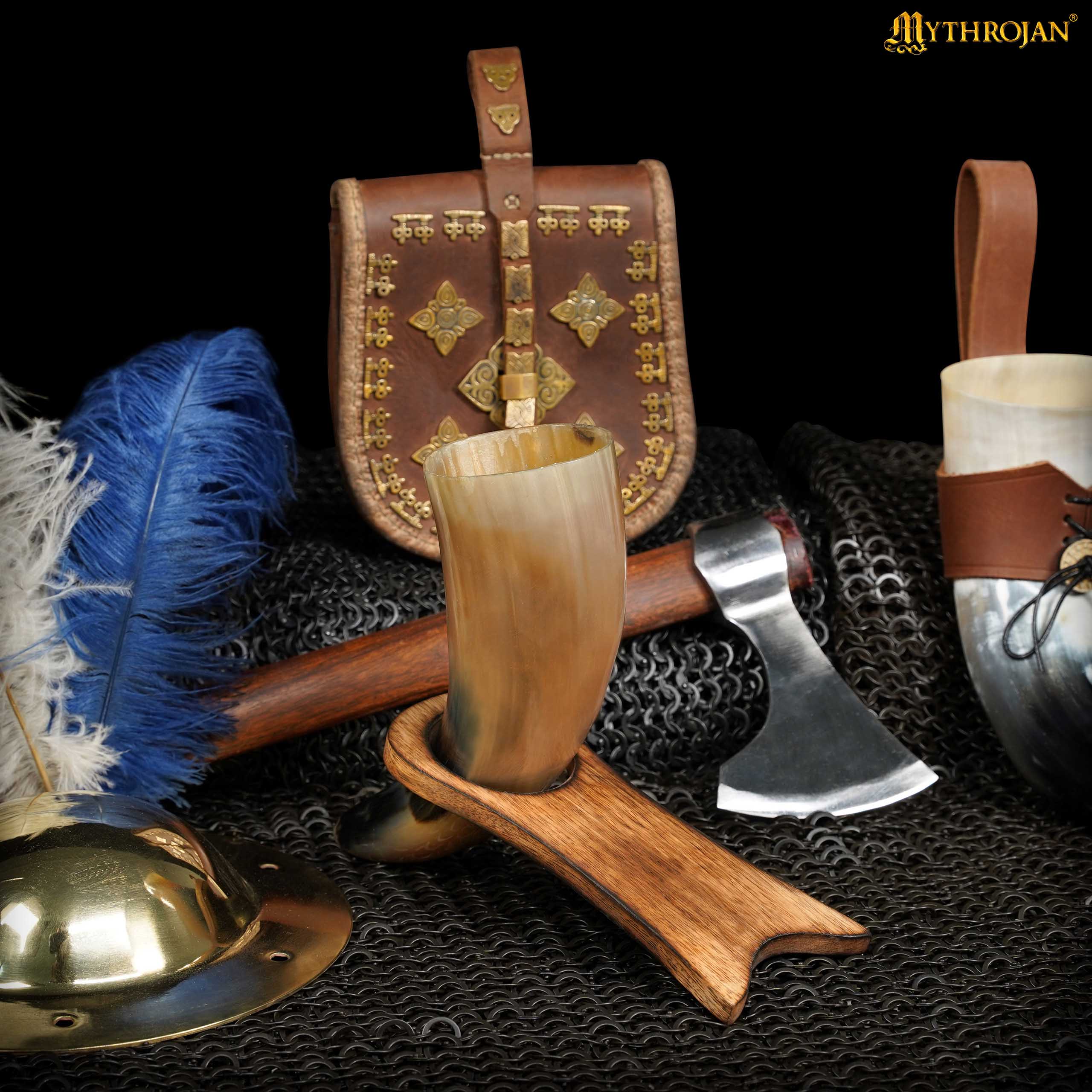 Mythrojan Estante de Cuerno para Beber de Madera Maciza | Acabado Natural Soporte Vikingo para Aguamiel | Soporte Medieval para Cuerno - Imagen 12