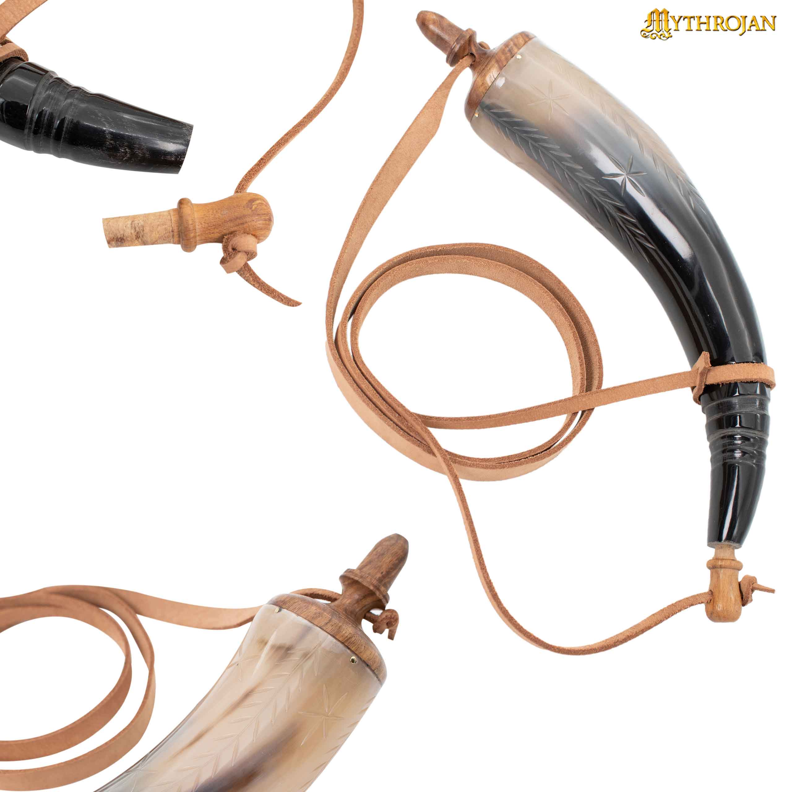 Mythrojan Pólvora Tallada a Mano 14" Cuerno con Correa de Cuero Natural - Imagen 6