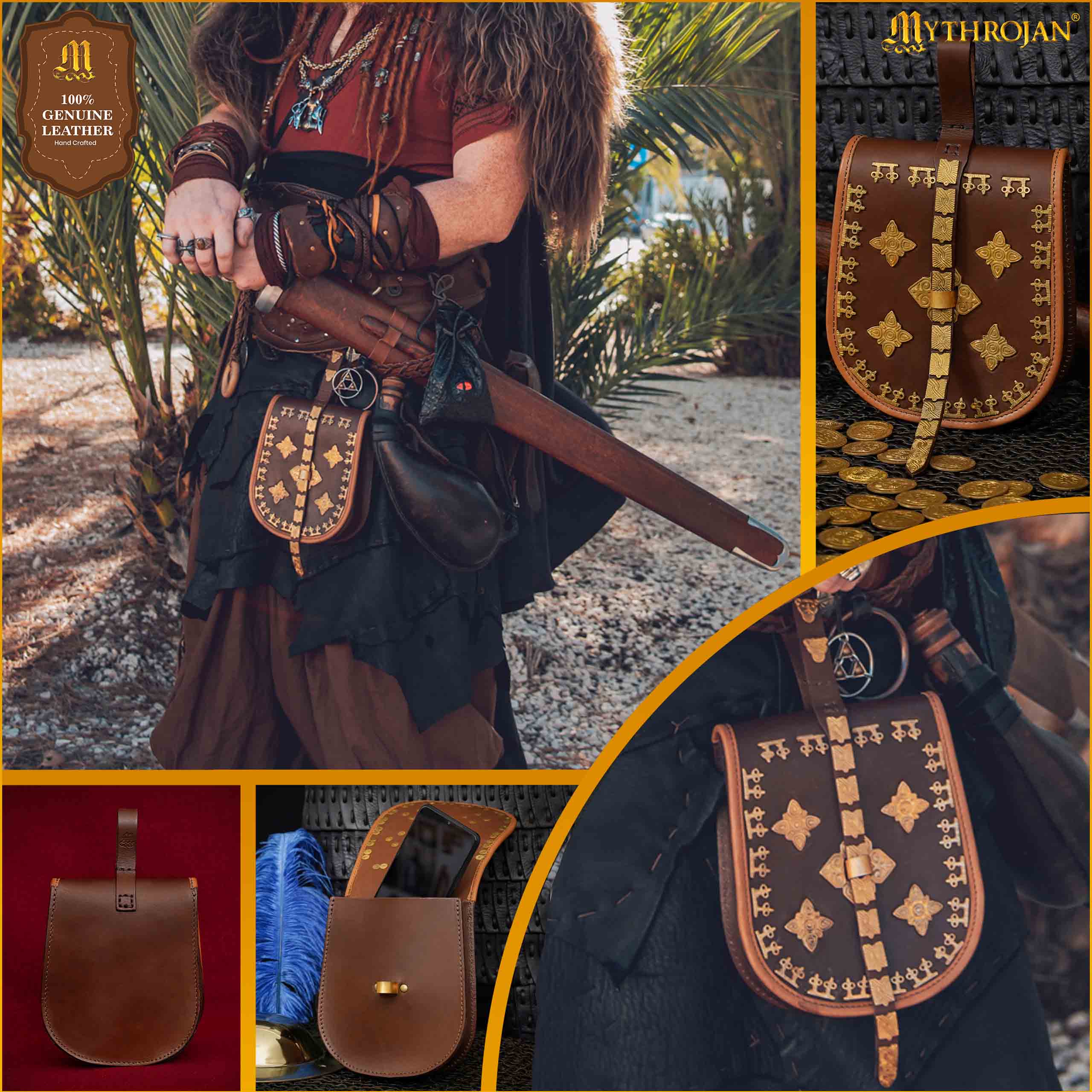 Mythrojan Birka Bolsa de Cuero Vikingo Tarsoly - Bolsa para Cinturón Auténtica Hecha a Mano Basada en Originales Históricos - Accesorio Nórdico de Cuero Auténtico - Imagen 12