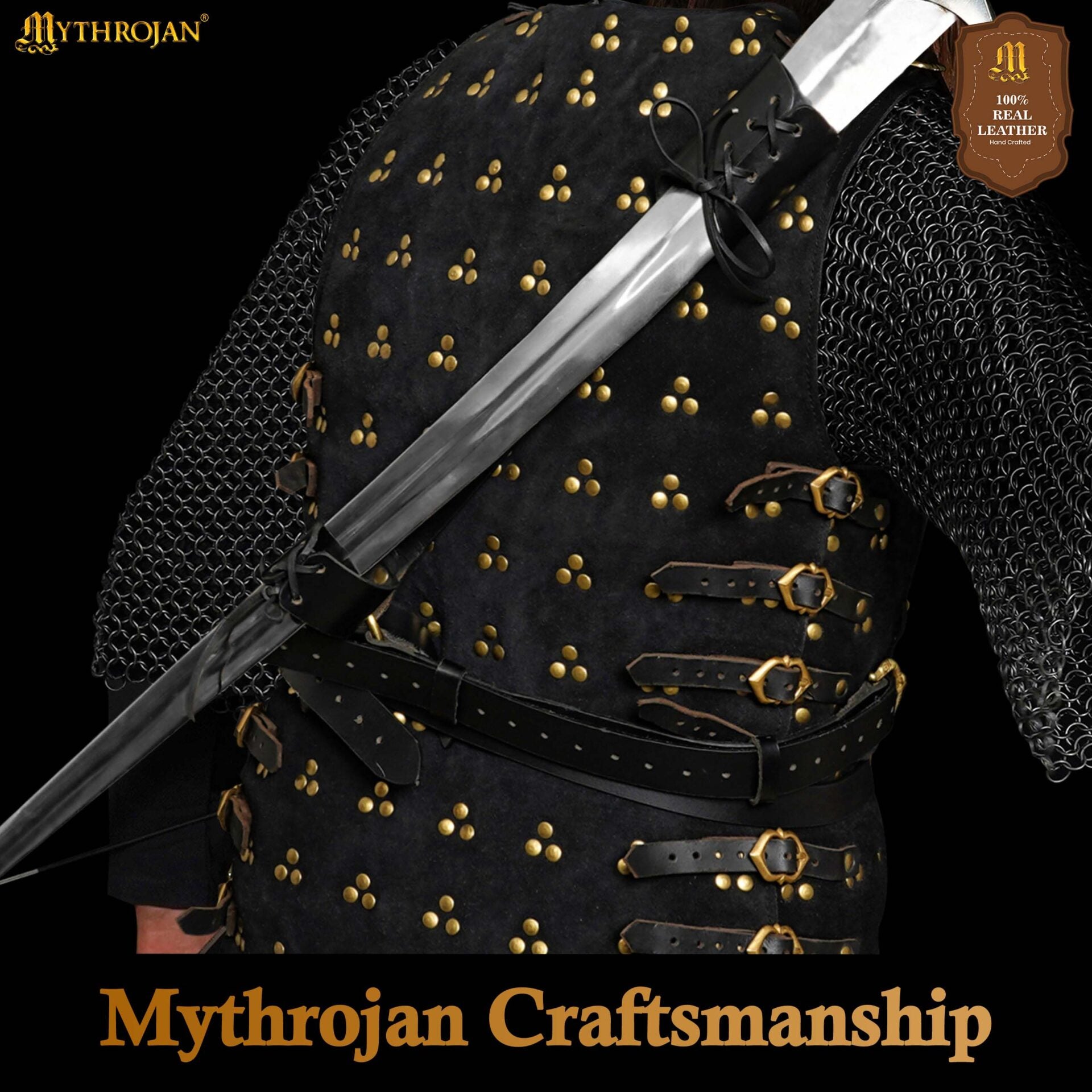 Mythrojan Geralt Back Scabbard, Ideal para Larp Cosplay y Eventos Medievales Cuero de Grano Completo Negro - Imagen 6