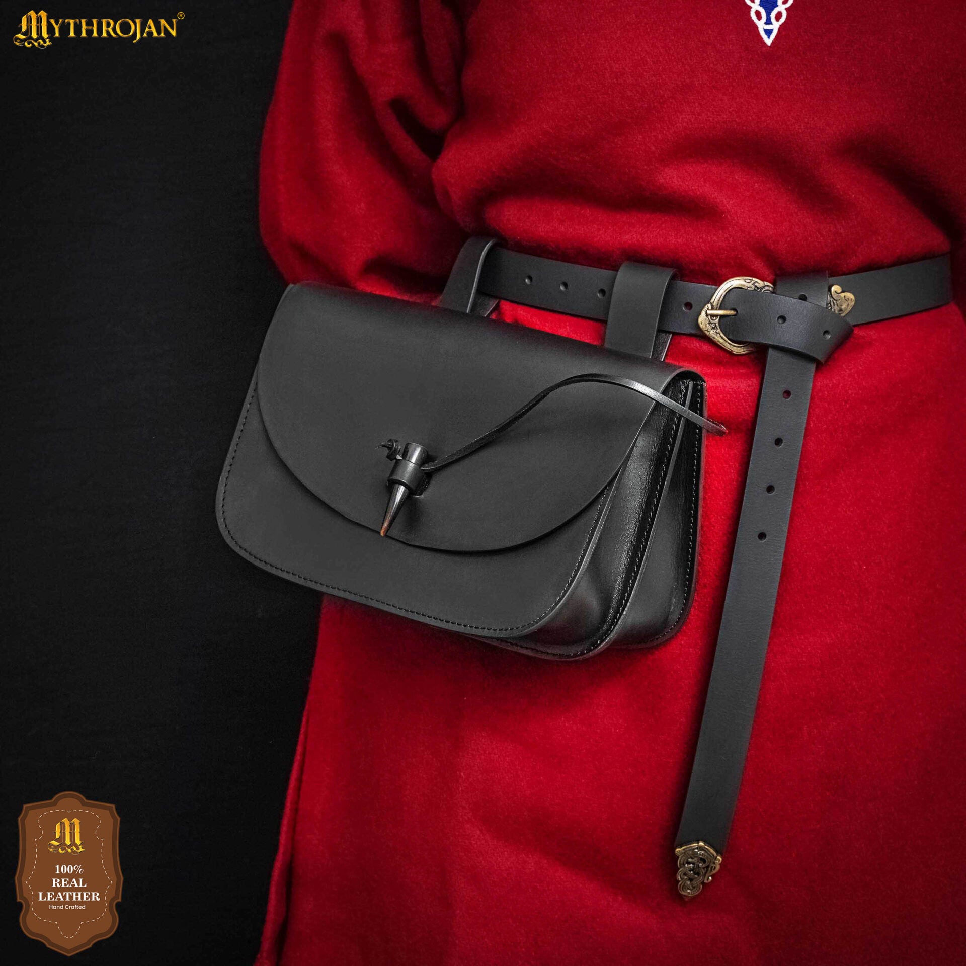 Mythrojan Extra Grande Marrón Medieval Cinturón de Cuero Bolsa Renaisance Accesorio Larp Bolsa - Negro - Imagen 6
