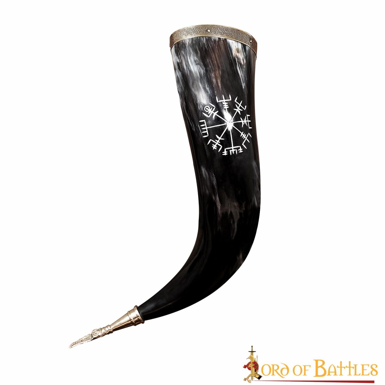 Cuerno Vikingo para Beber con Runa Vegvísir Grabada - Borde y Punta de Latón - Imagen 28