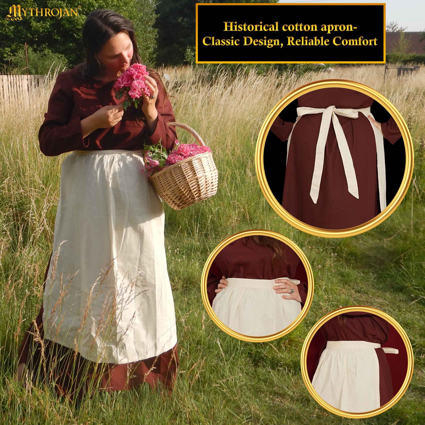 Mythrojan Medieval Ecru Delantal: Ideal para Cocinar Hornear, Feria del Renacimiento, Recreación, Larp, Cosplay Rendimiento, Maid Traje, Retro Cintura Delantales para Mujeres, Niñas, Camarera - Imagen 5