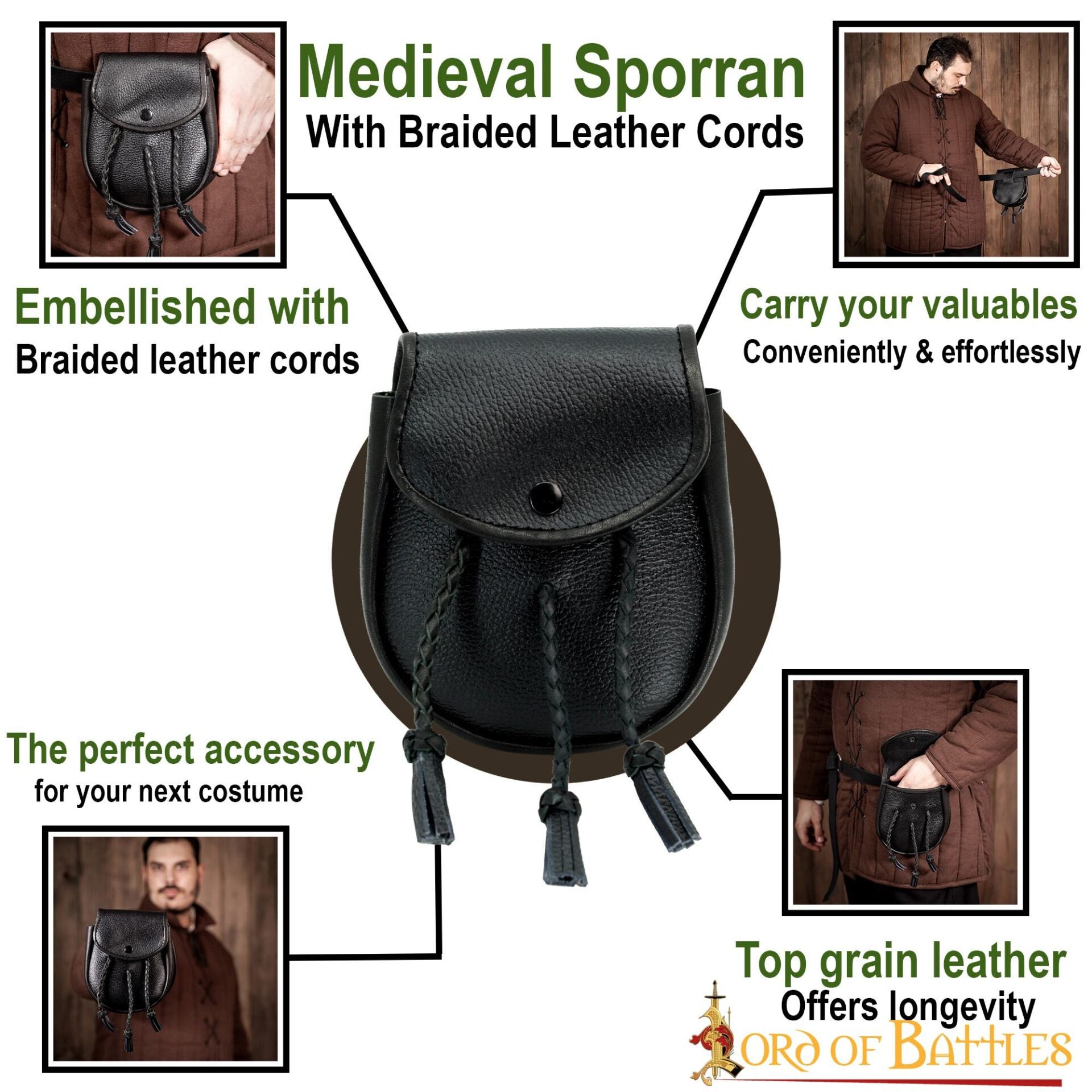 Sporran Medieval con Borlas Trenzadas Hecho a Mano de Cuero Genuino - Imagen 13