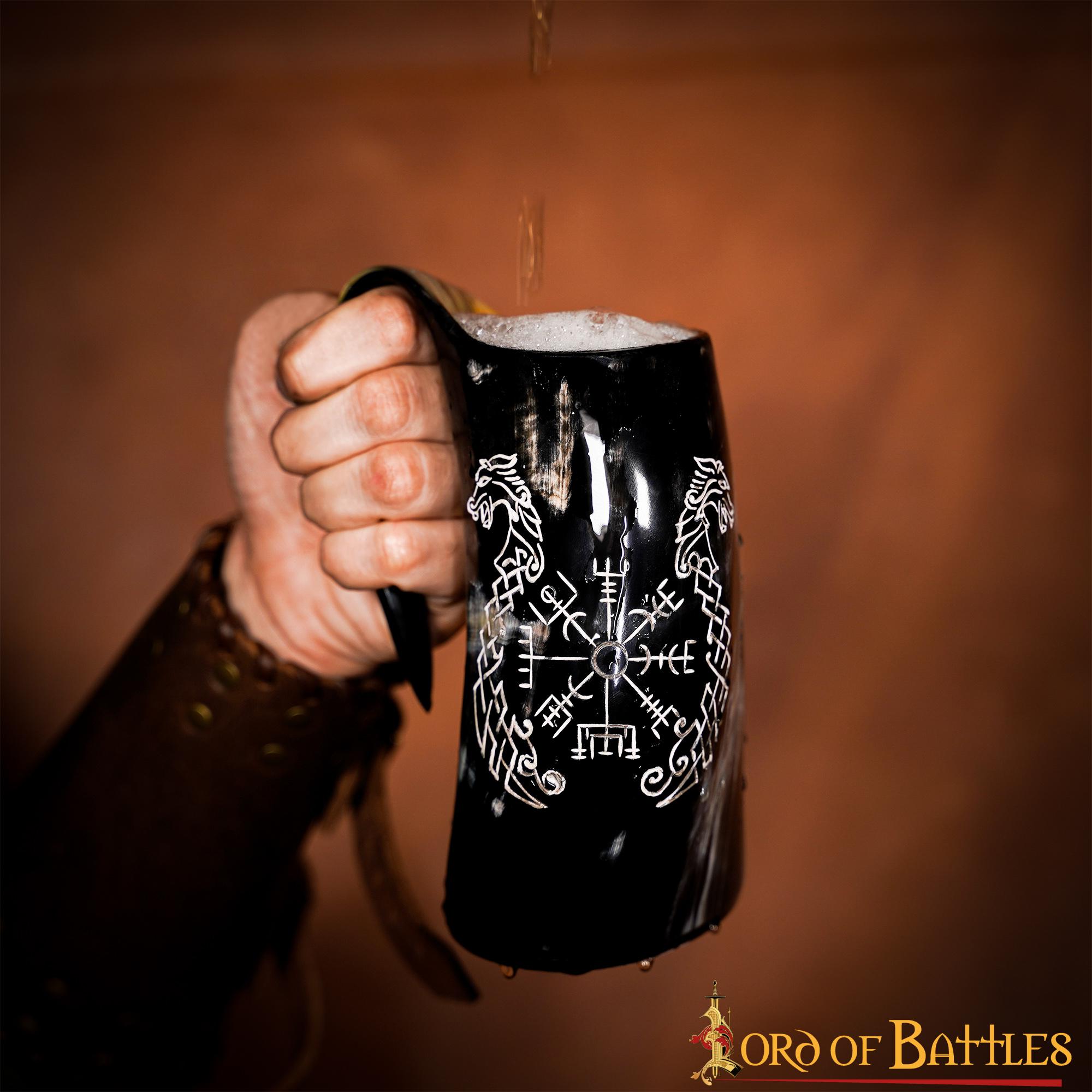 Taza de Cuerno Vikingo con Vegvisir y Grabado de Caballo Gemelo Taza de Cuerno de Buey Natural Pulido, Jarra para Hidromiel y Cerveza - Imagen 12