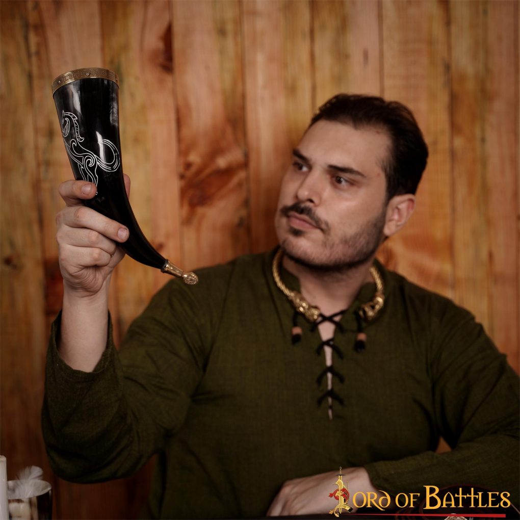 Cuerno Medieval para Beber 300-350 Ml con Accesorios de Latón Macizo Puro Cuerno de Buey Auténtico - Imagen 9