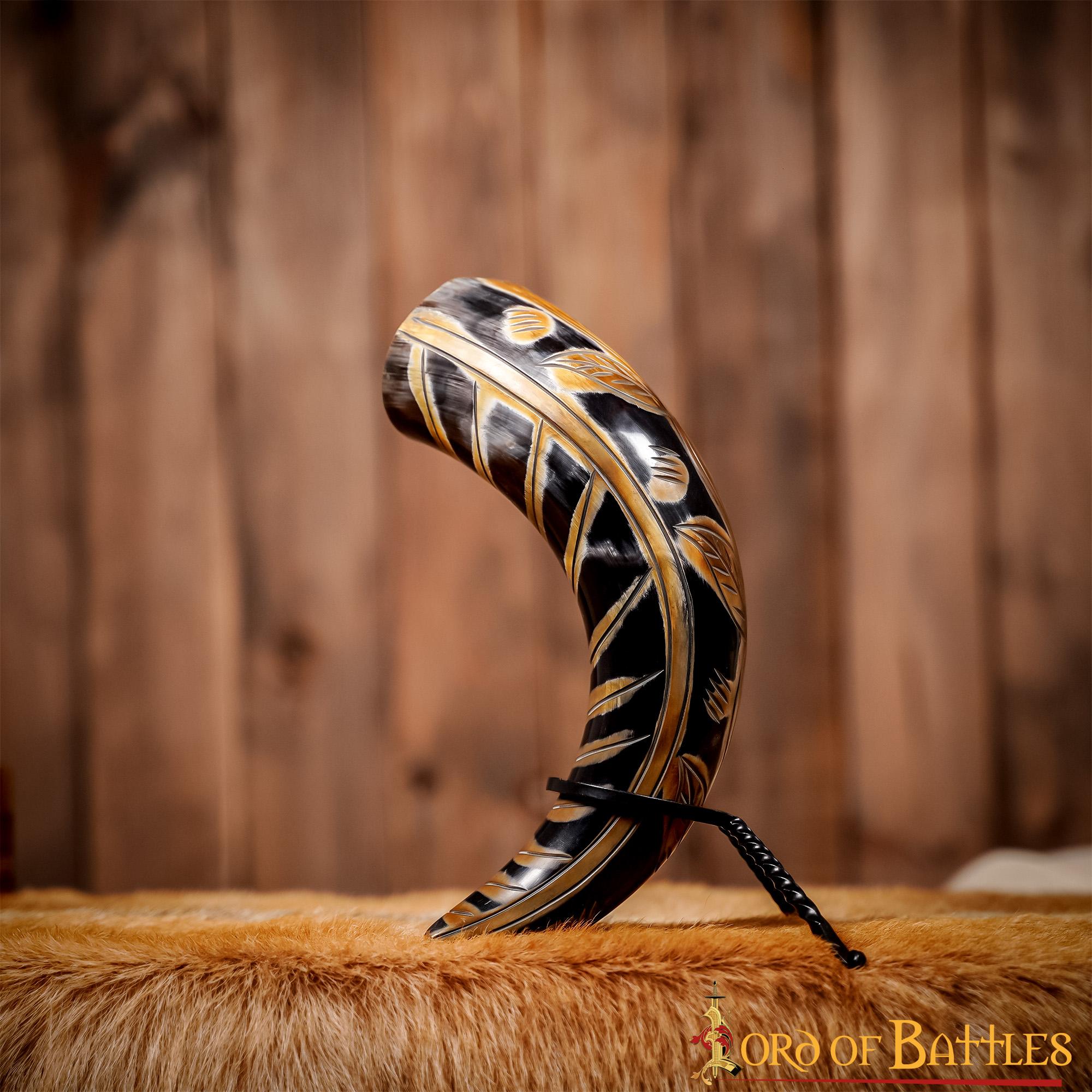 Cuerno para Beber Vikingo Medieval 400 - 500 Ml con Diseños Grabados Cuerno de Buey Auténtico Hecho a Mano - Imagen 7