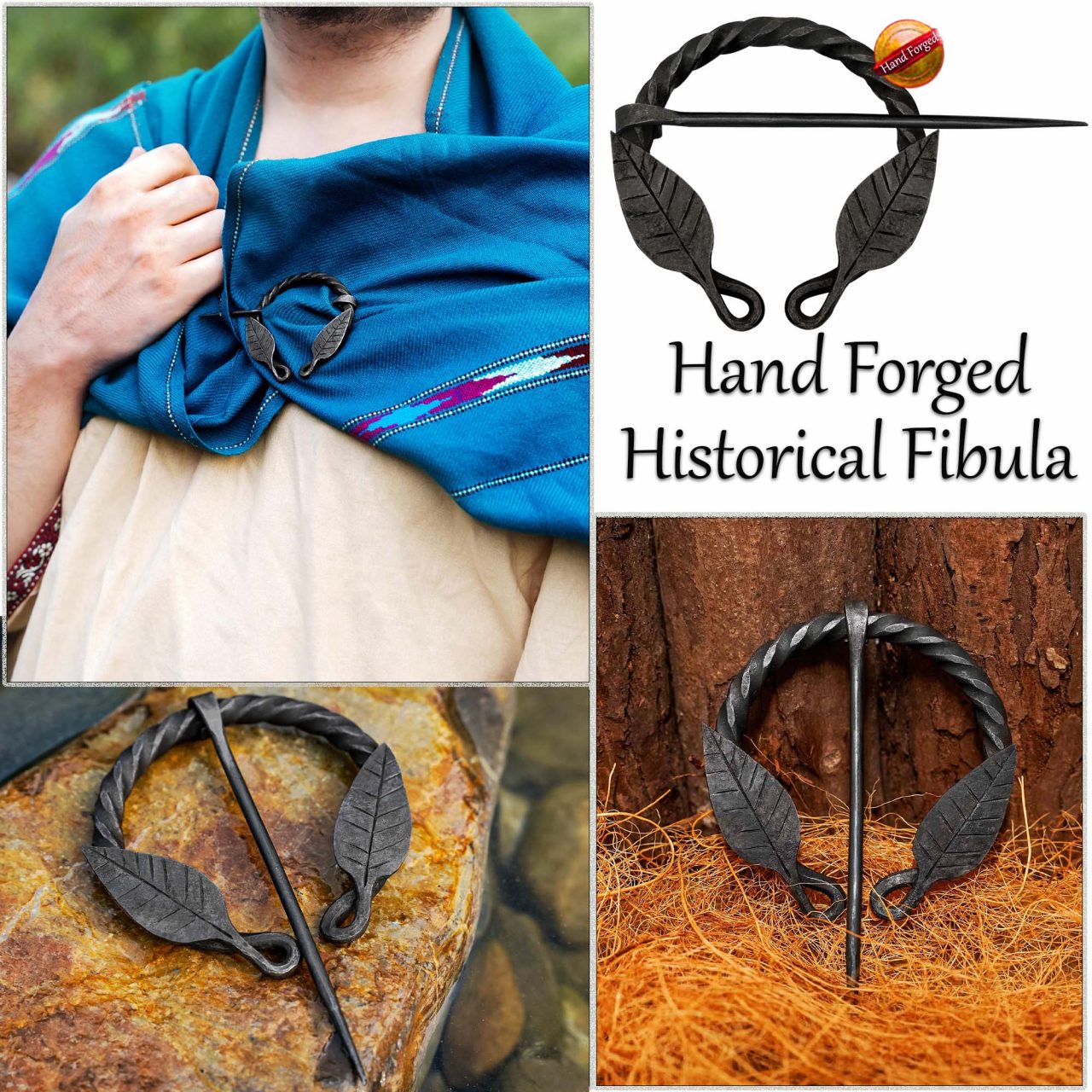 Alfiler de Capa Medieval de Hierro Forjado a Mano con Motivo de Hojas - Broche de Fíbula Estilo Vikingo - Imagen 14