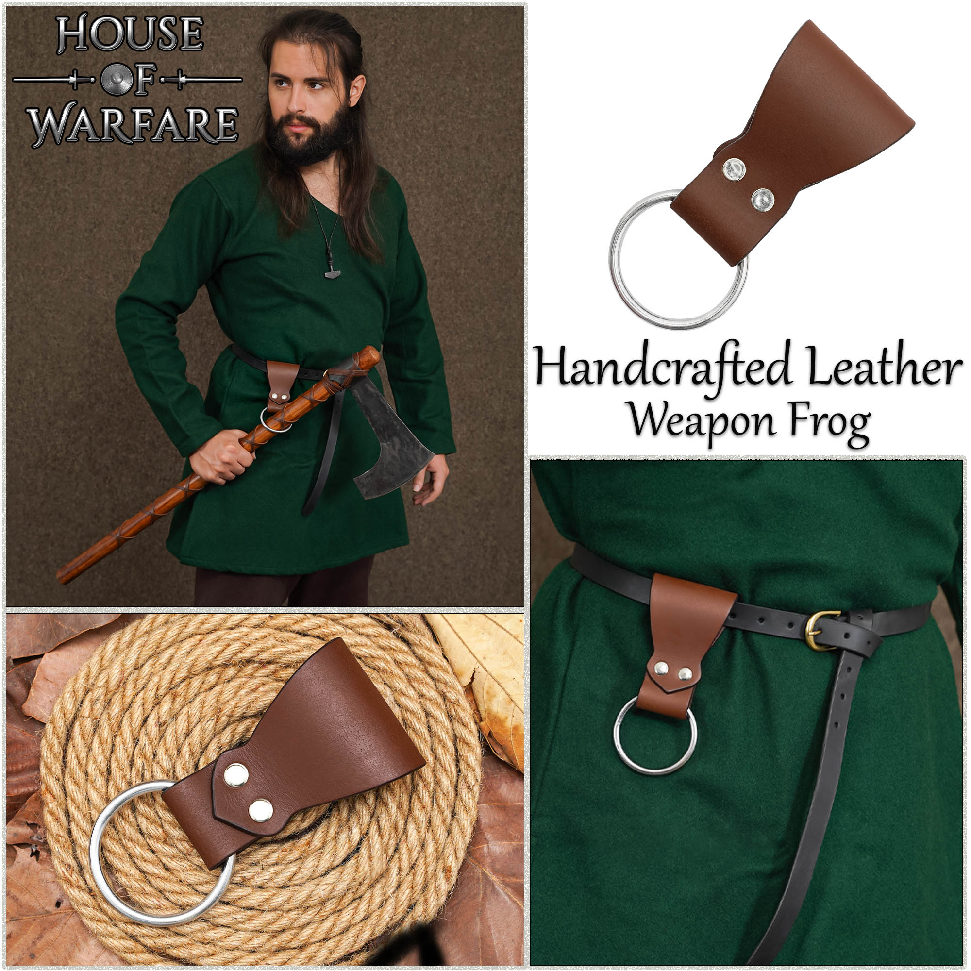 Rana Medieval de Cuero para Hacha con Anilla de Acero - Cinturón Marrón para Hachas y Herramientas - Imagen 19