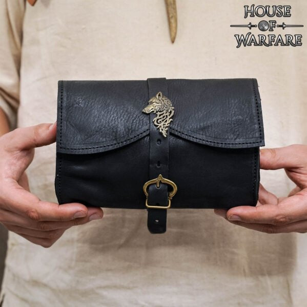 Riñonera Medieval de Cuero con Emblema de Lobo de Latón - Imagen 1