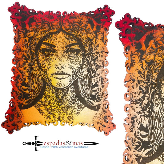 Engraved painting of a young lady's face with floral motifs