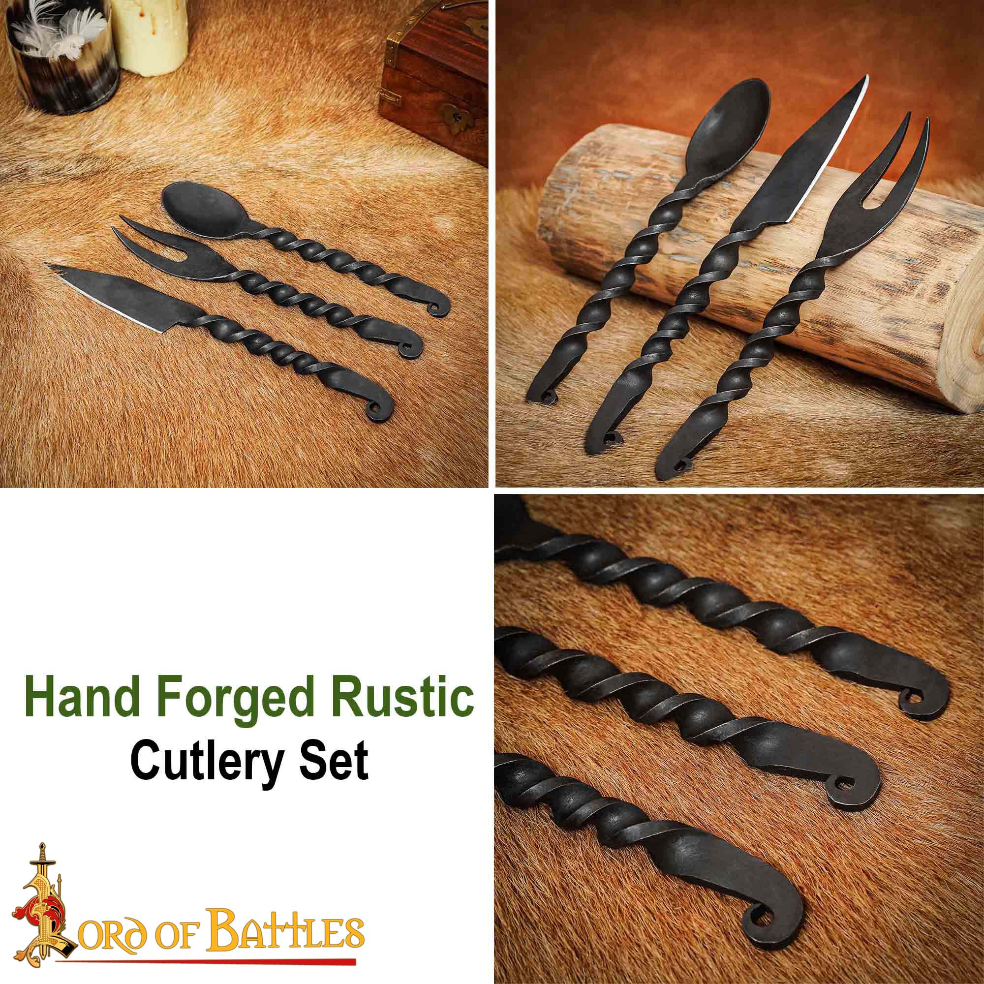 Juego de Cubiertos Medievales Forjados a Mano Cuchara, Tenedor y Cuchillo - Imagen 5